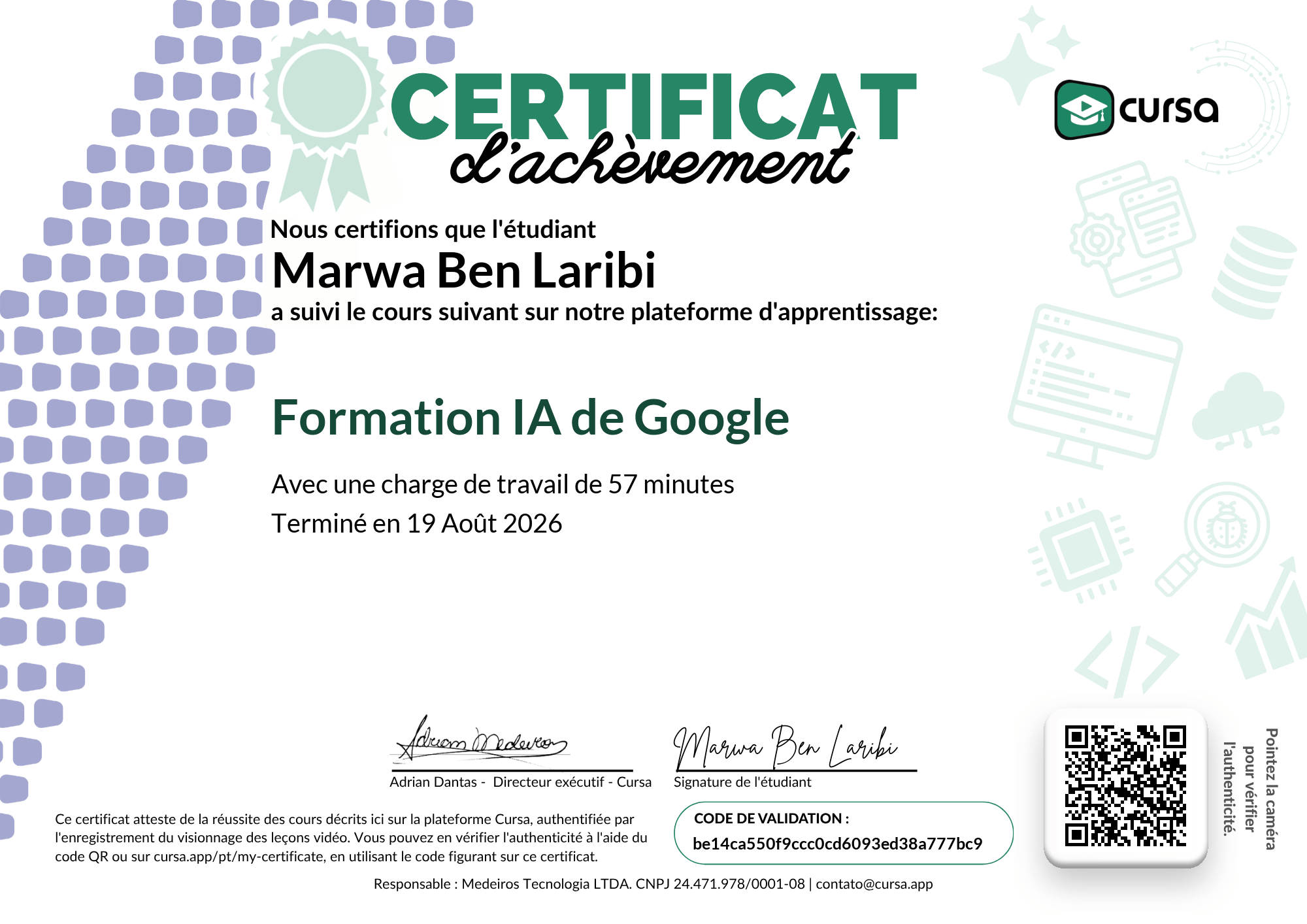 Image de mon certificat de fin de cours gratuit.