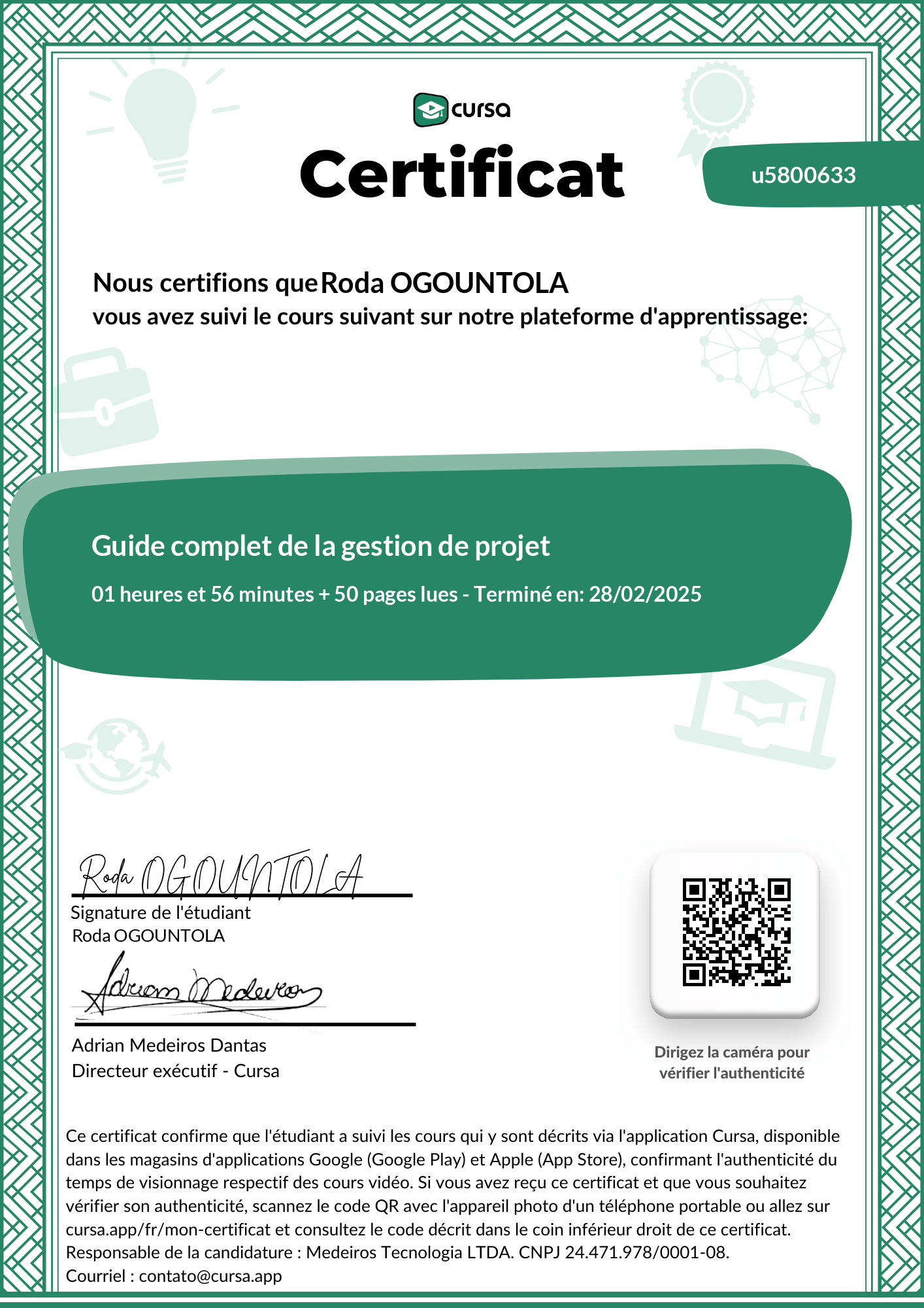 Image de mon certificat de fin de cours gratuit.