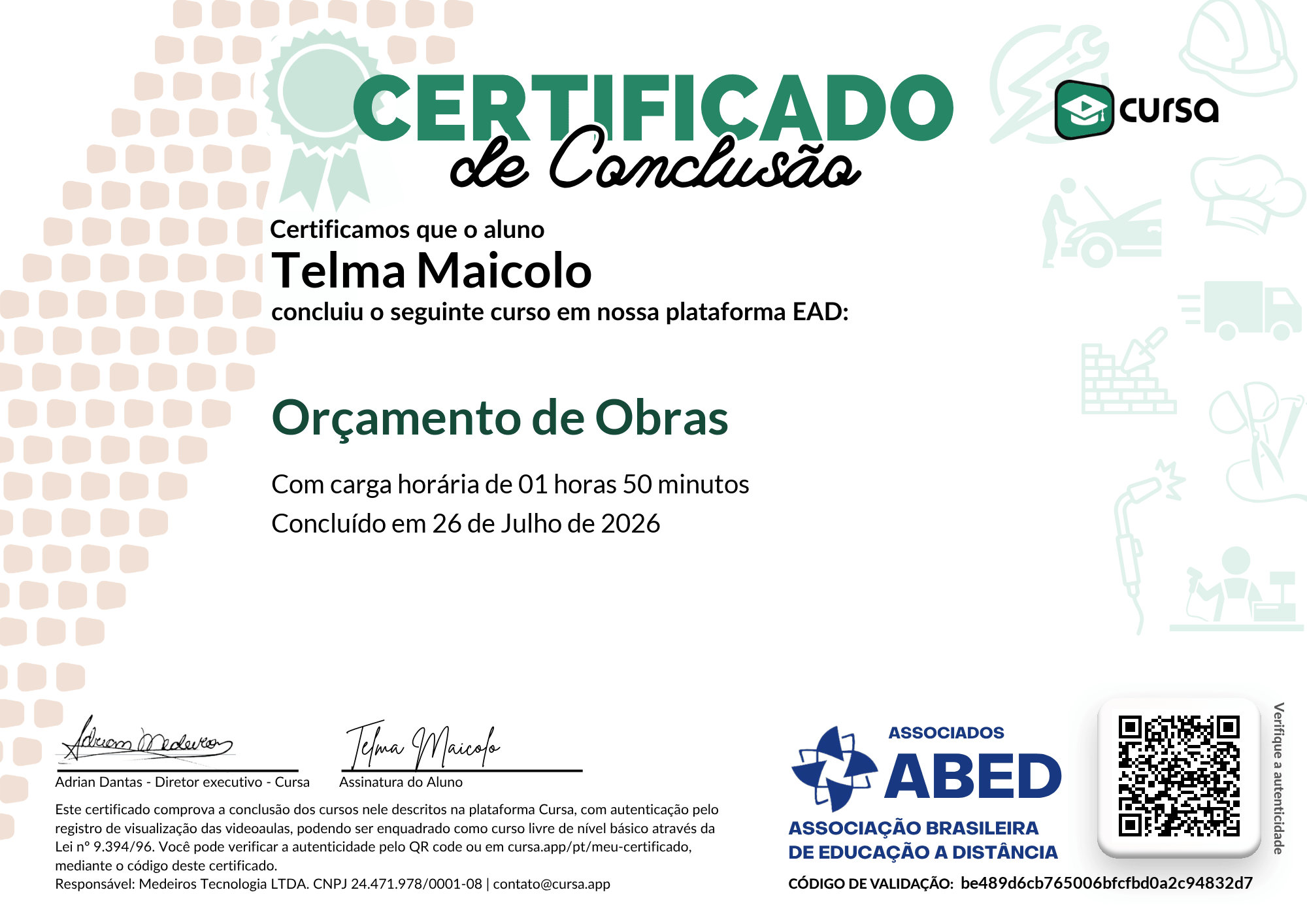 Imagem do meu Certificado gratuito de conclusão de curso.