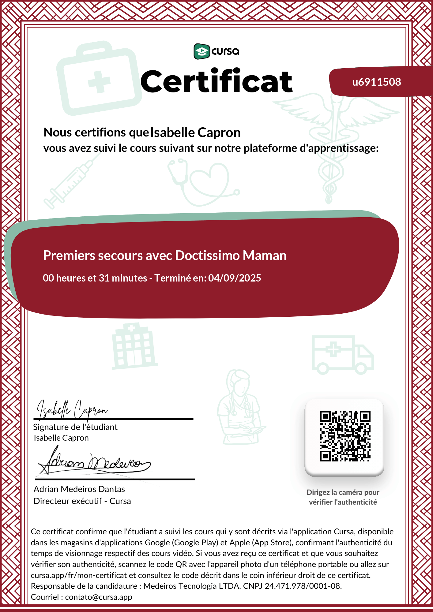 Image de mon certificat de fin de cours gratuit.