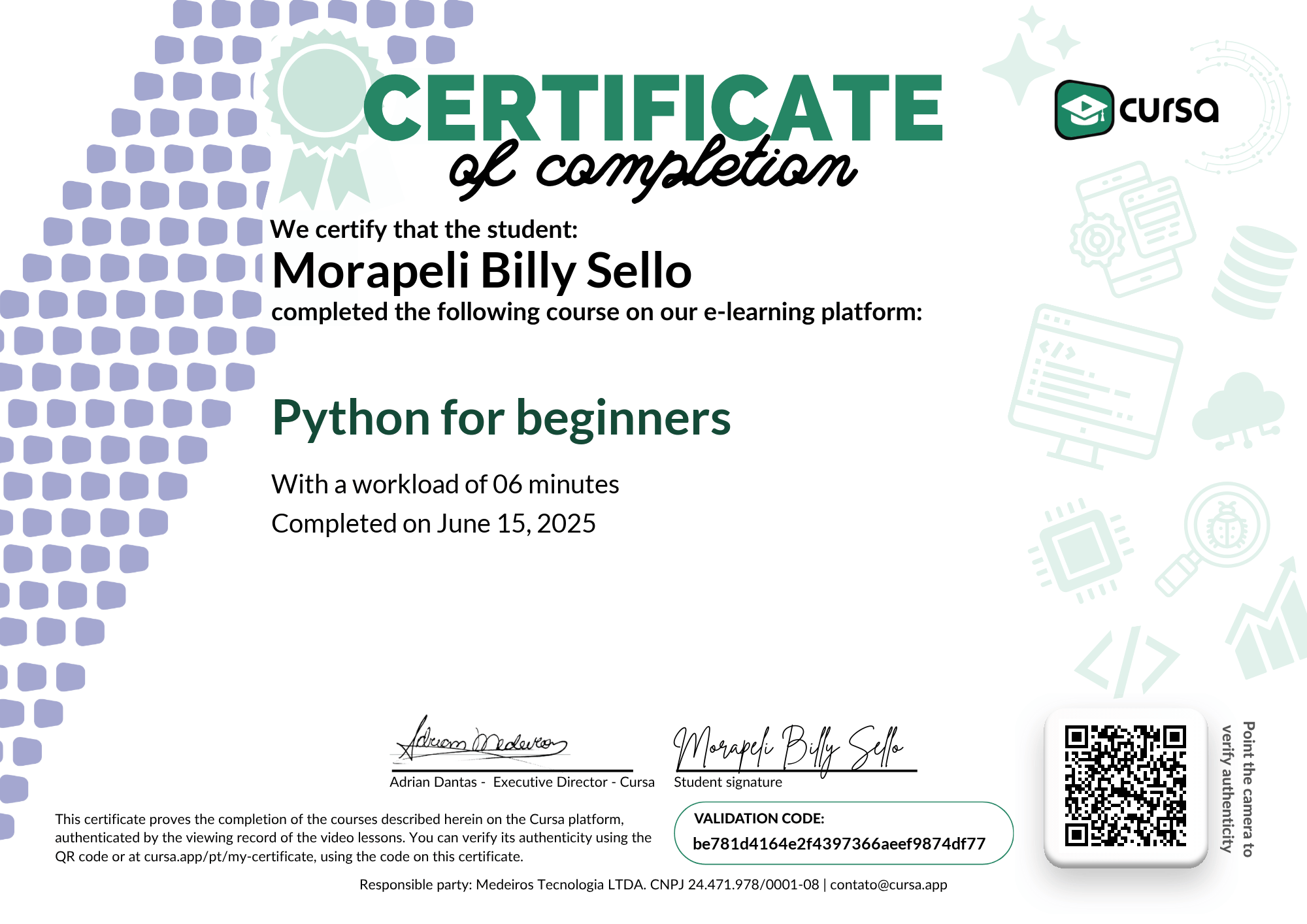 Image of my free Course Completion Certificate.