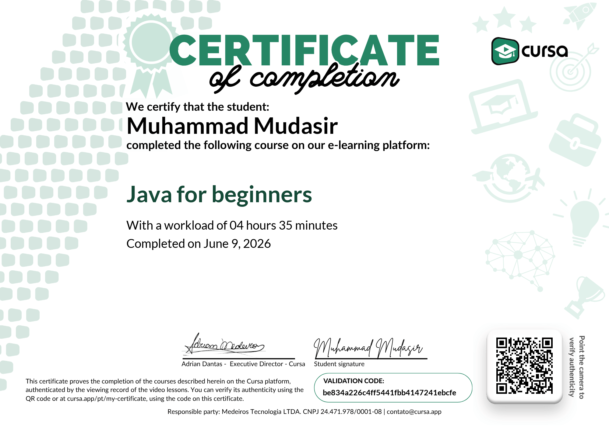 Image of my free Course Completion Certificate.