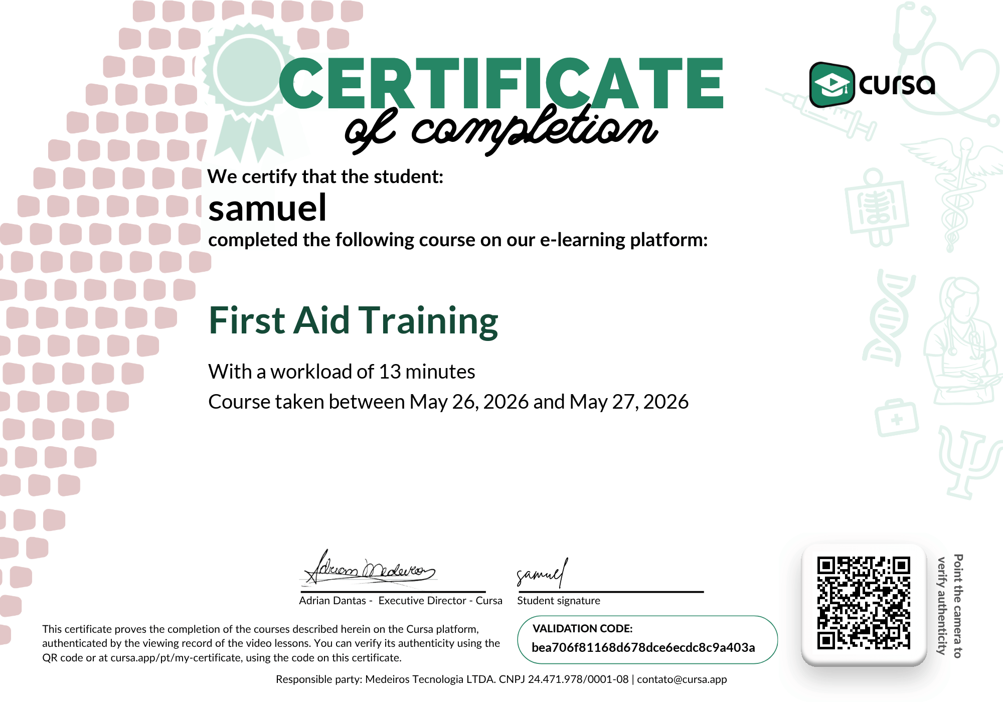 Image of my free Course Completion Certificate.