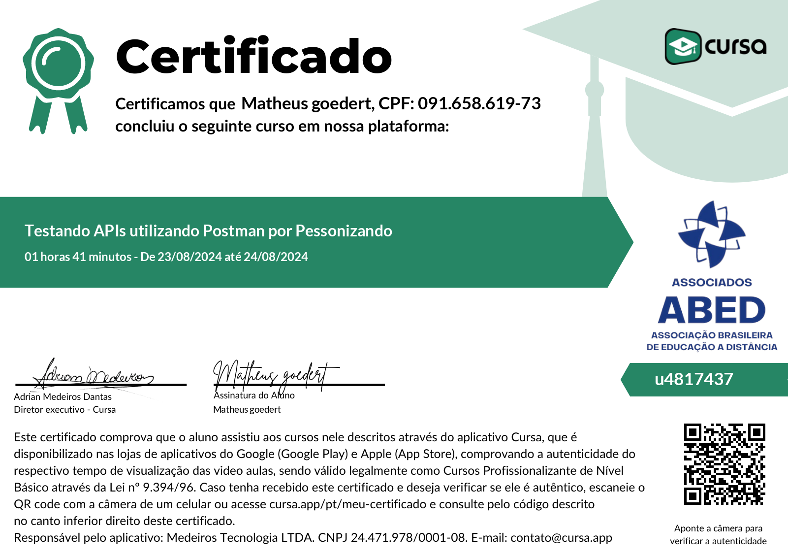 Imagem do meu Certificado gratuito de conclusão de curso.