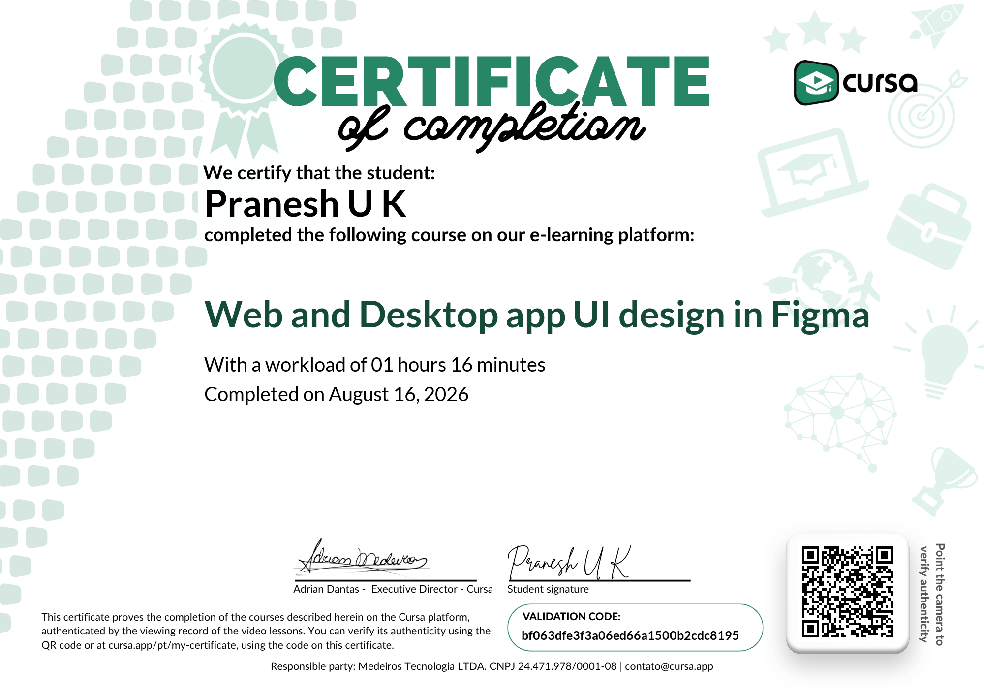 Image of my free Course Completion Certificate.