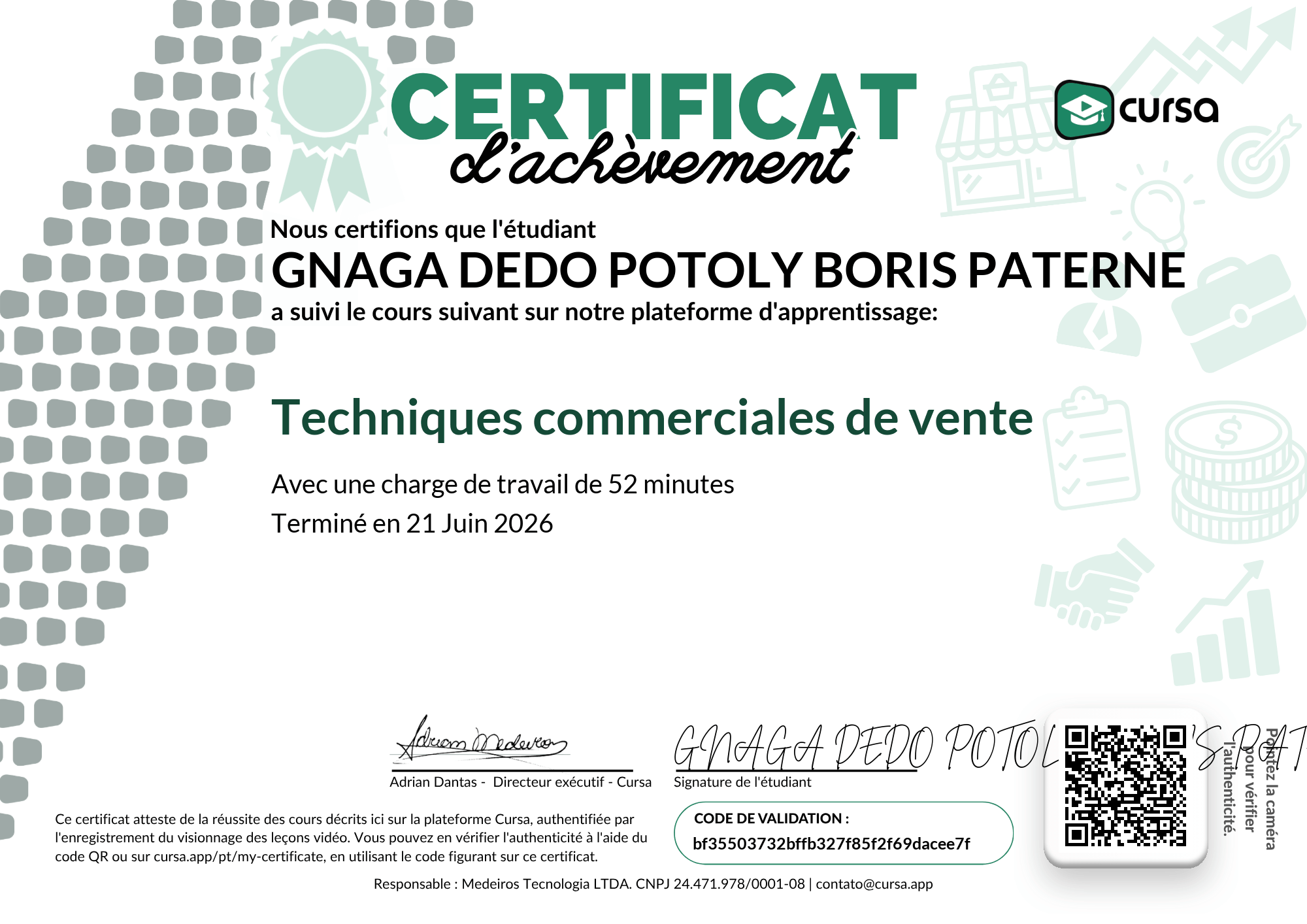 Image de mon certificat de fin de cours gratuit.