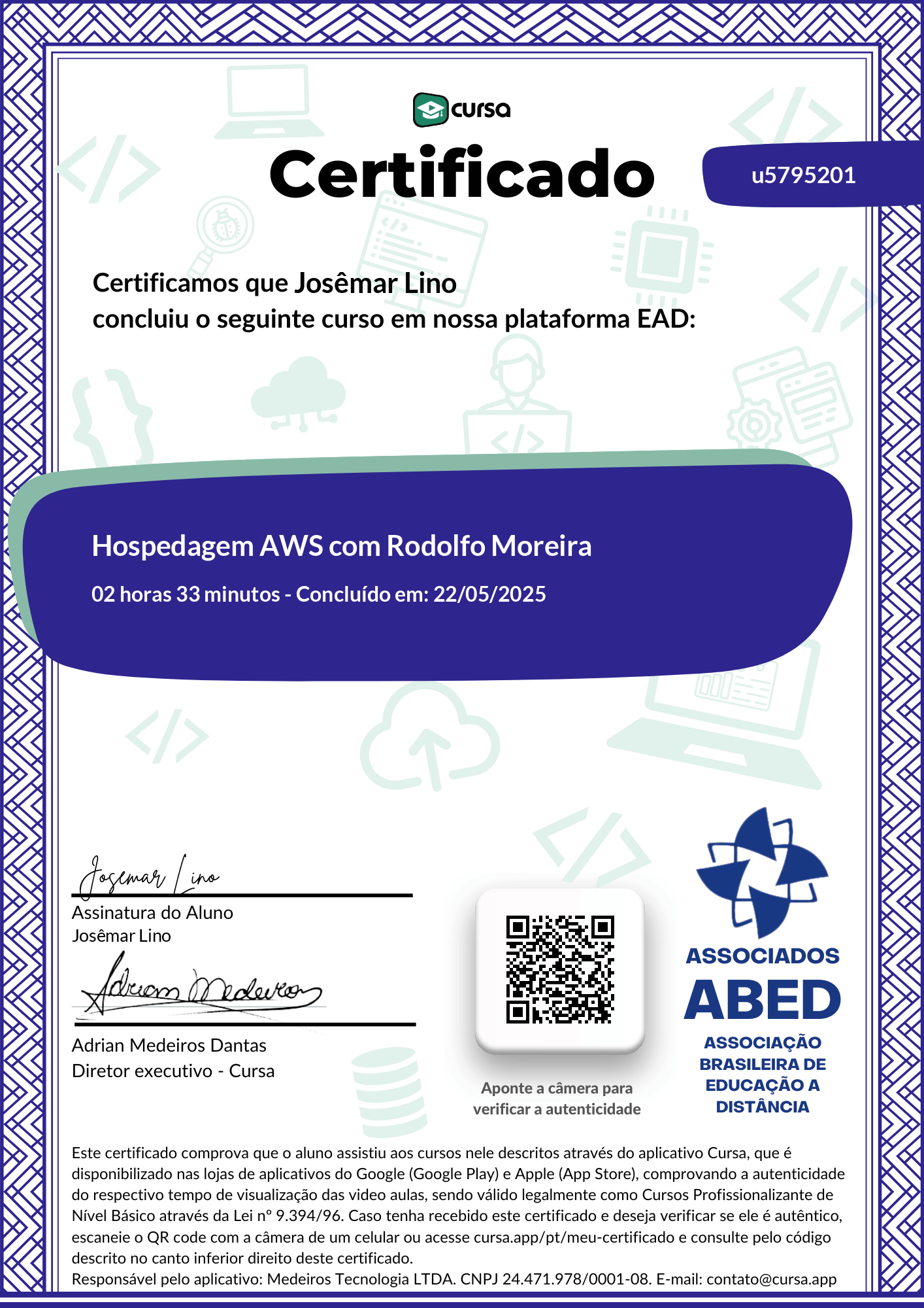 Imagem do meu Certificado gratuito de conclusão de curso.