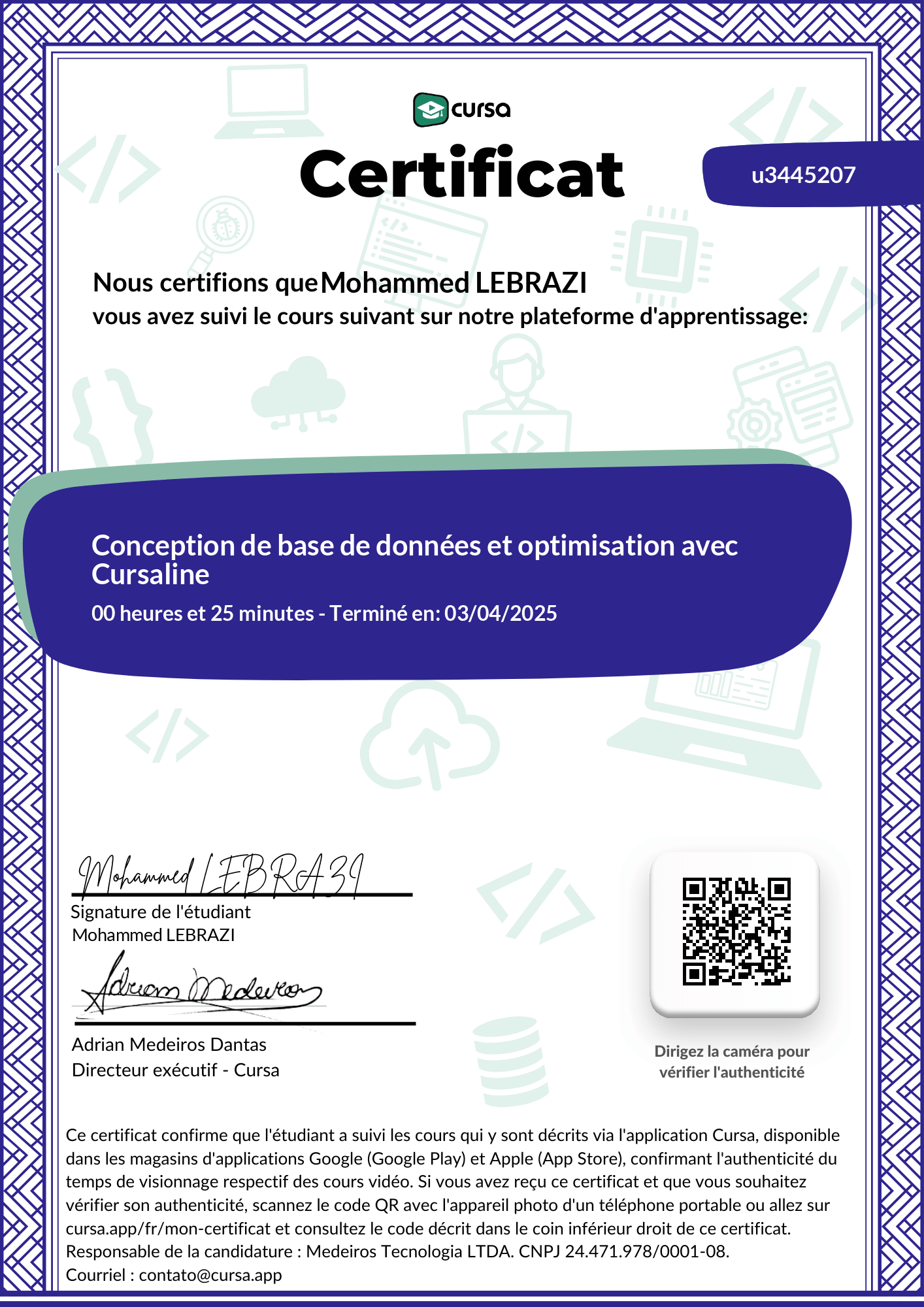 Image de mon certificat de fin de cours gratuit.
