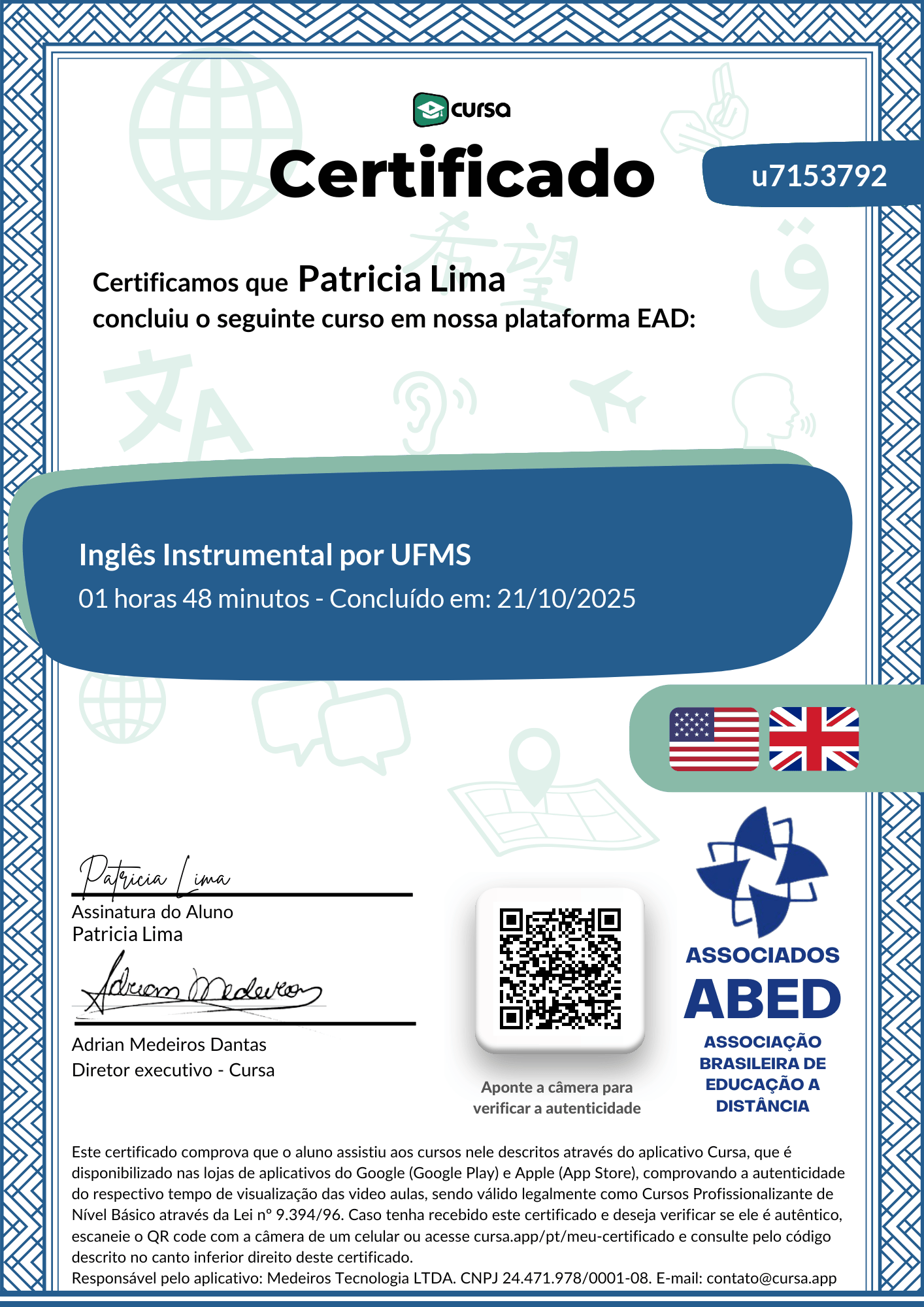 Imagem do meu Certificado gratuito de conclusão de curso.