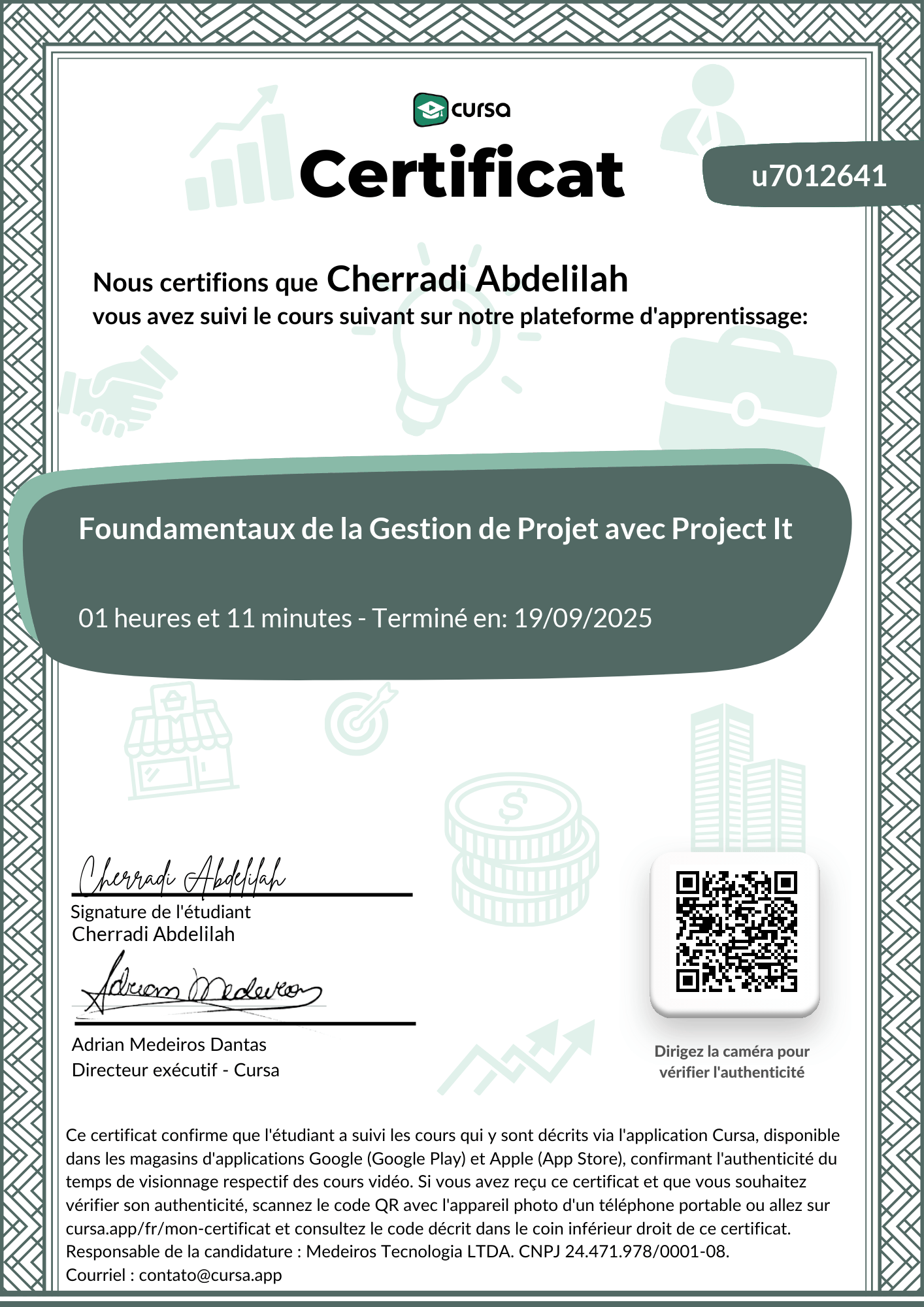 Image de mon certificat de fin de cours gratuit.
