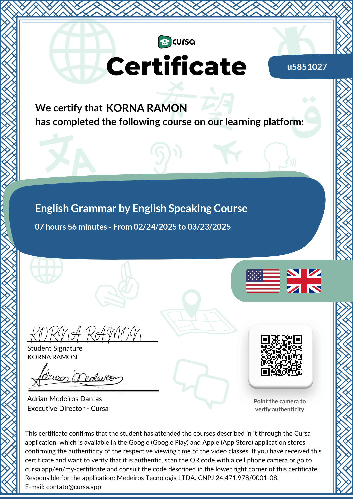 Image of my free Course Completion Certificate.