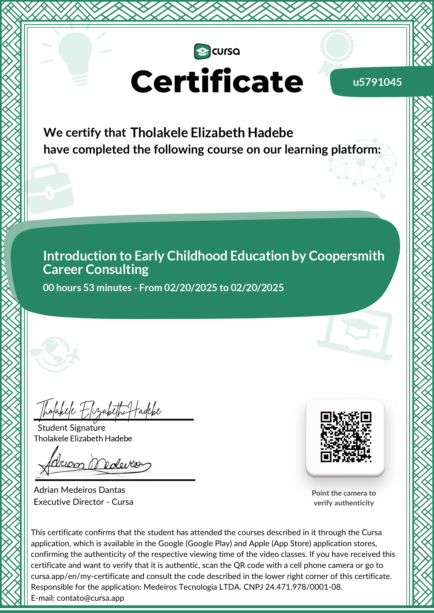 Image of my free Course Completion Certificate.