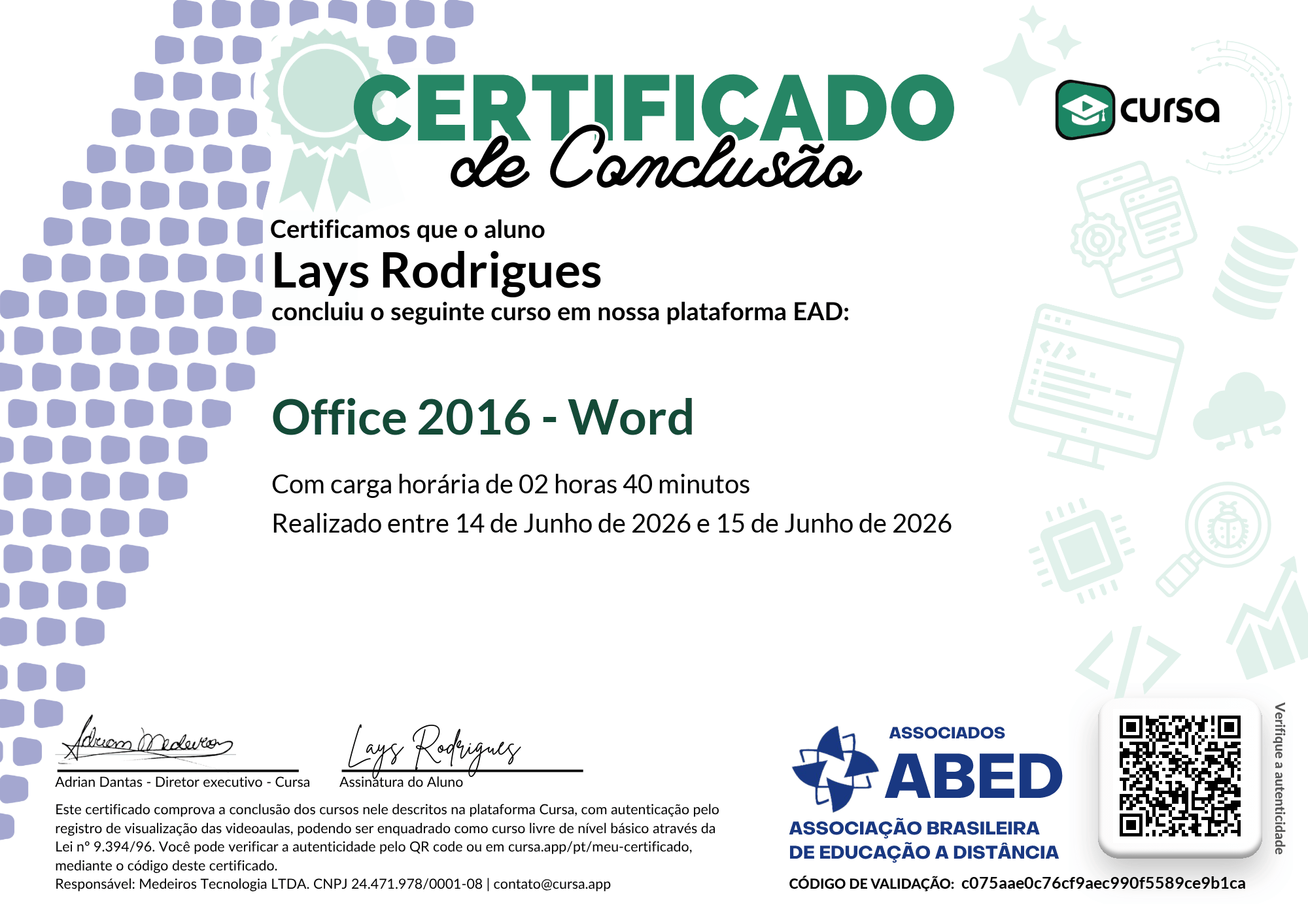 Imagem do meu Certificado gratuito de conclusão de curso.
