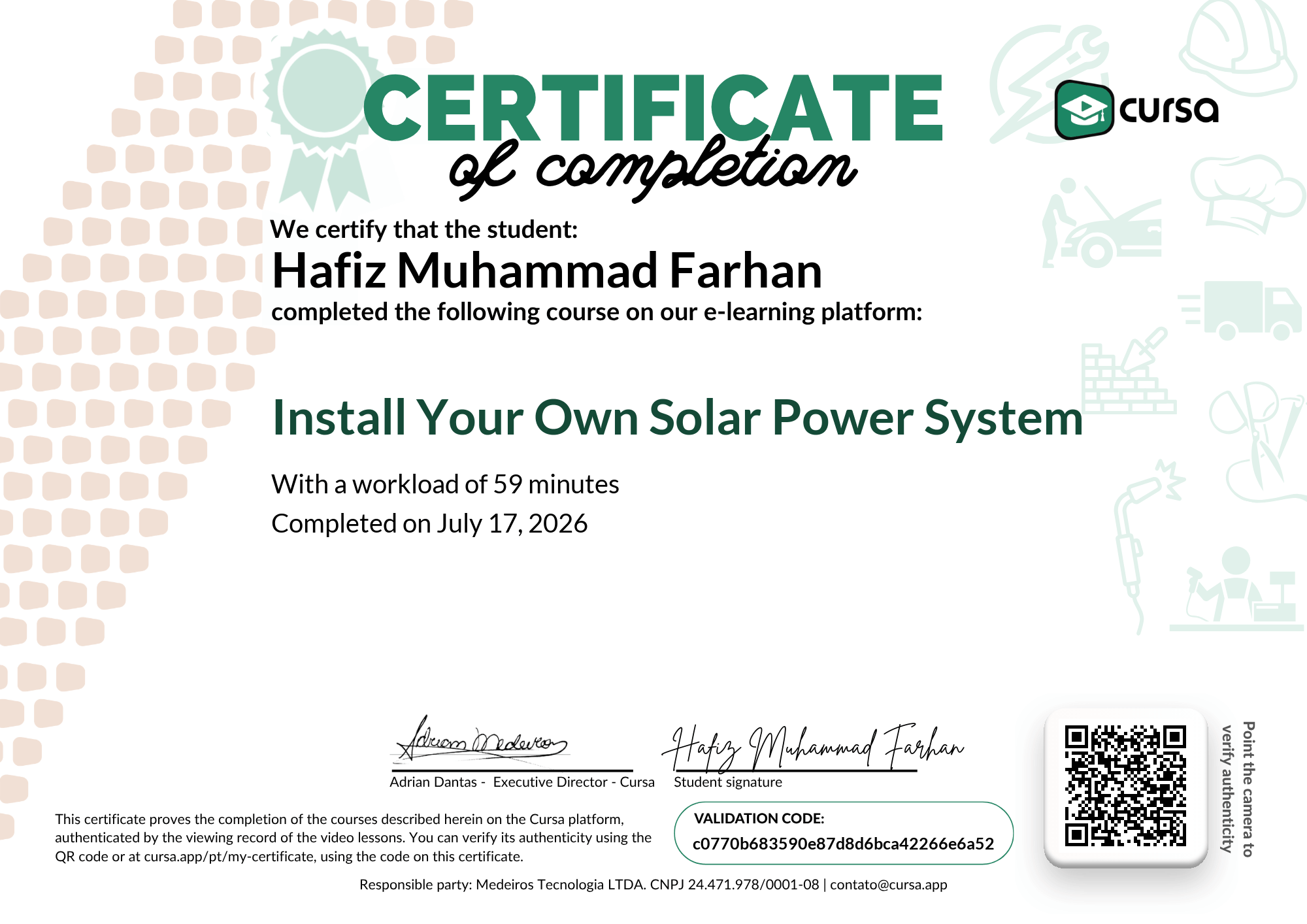 Image of my free Course Completion Certificate.