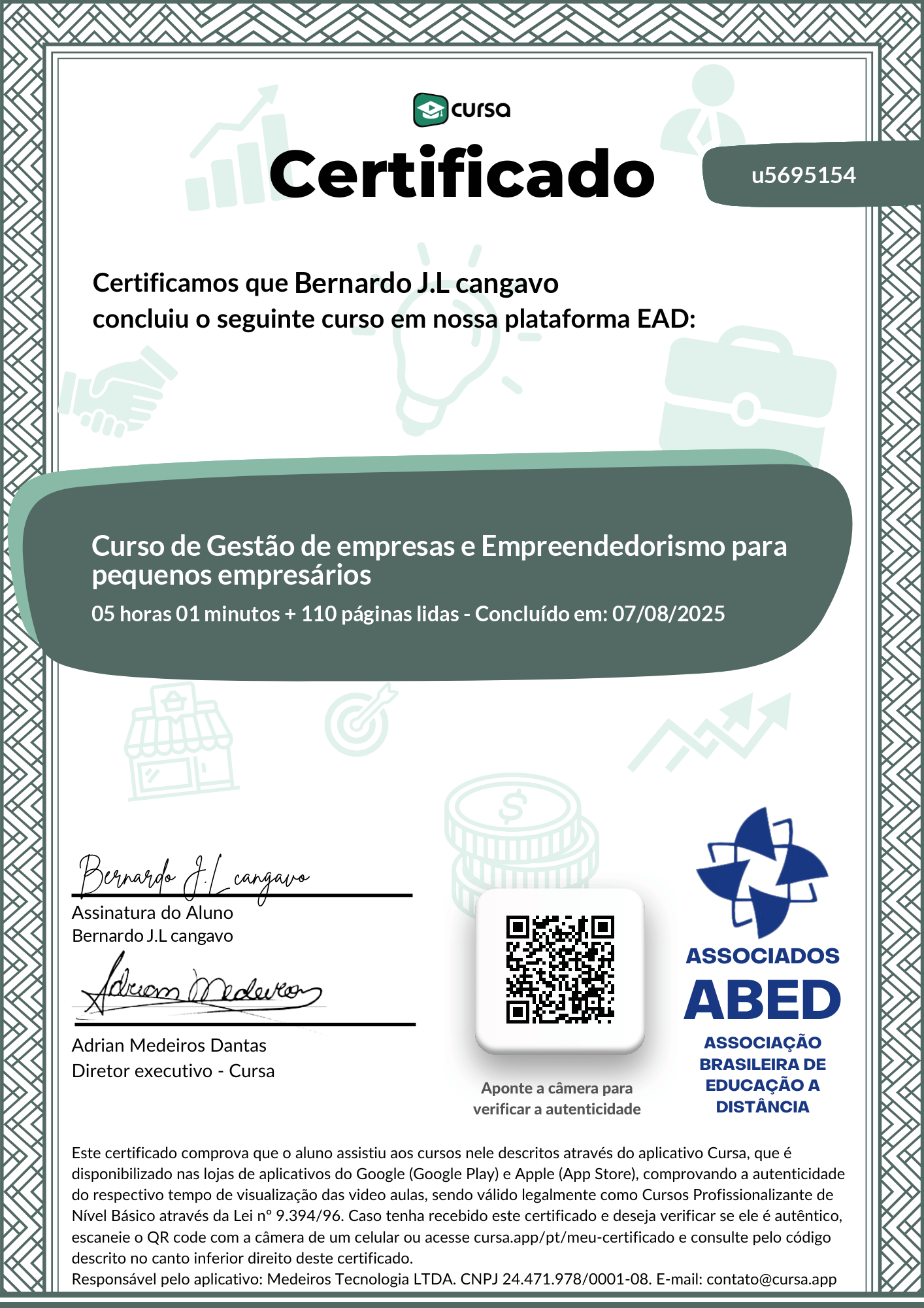 Imagem do meu Certificado gratuito de conclusão de curso.