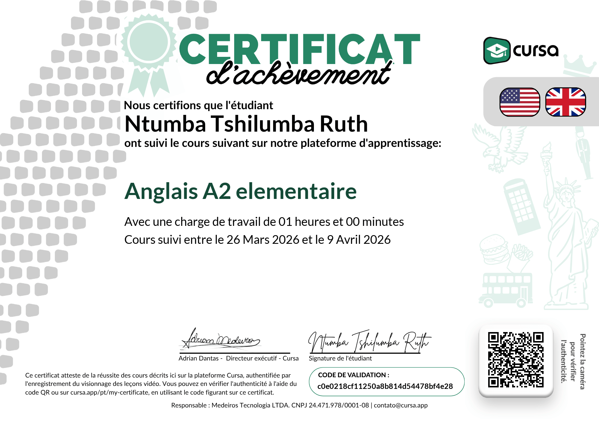 Image de mon certificat de fin de cours gratuit.