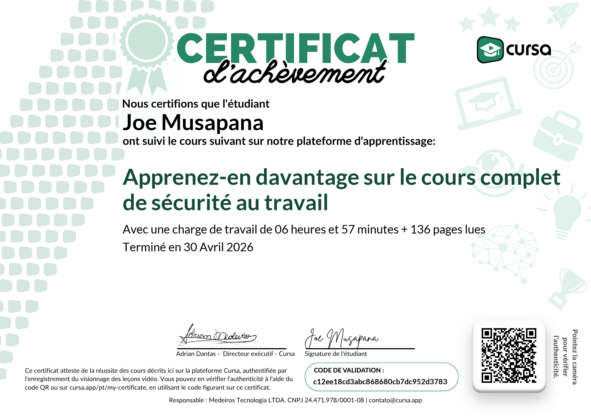 Image de mon certificat de fin de cours gratuit.