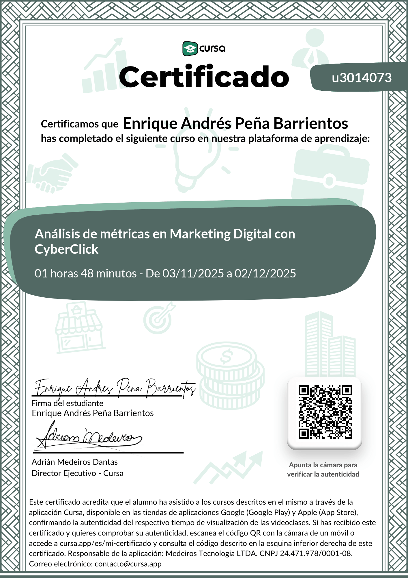 Imagen de mi Certificado de finalización del curso gratuito.