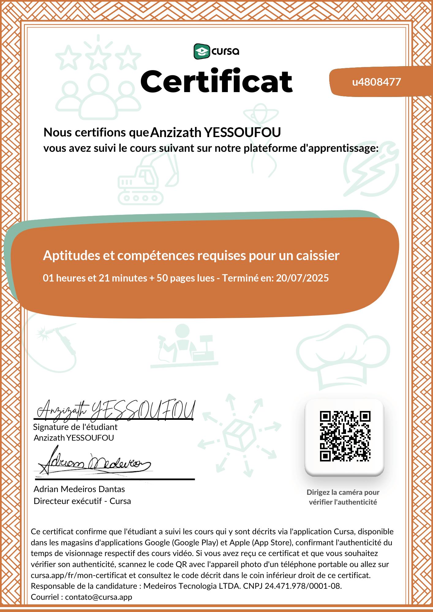Image de mon certificat de fin de cours gratuit.