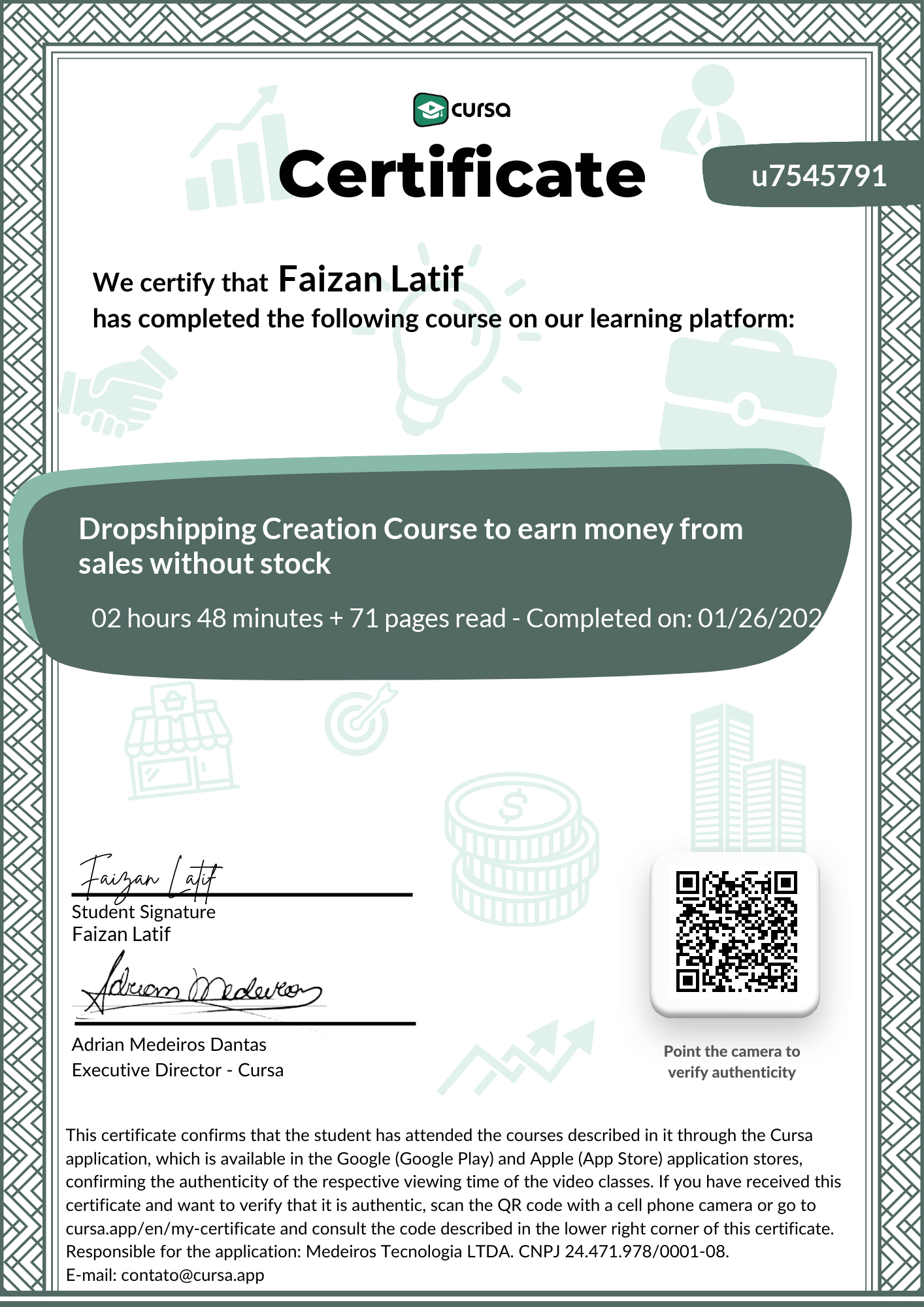 Image of my free Course Completion Certificate.