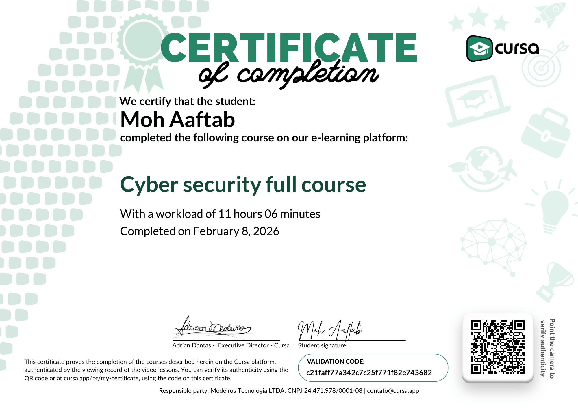 Image of my free Course Completion Certificate.