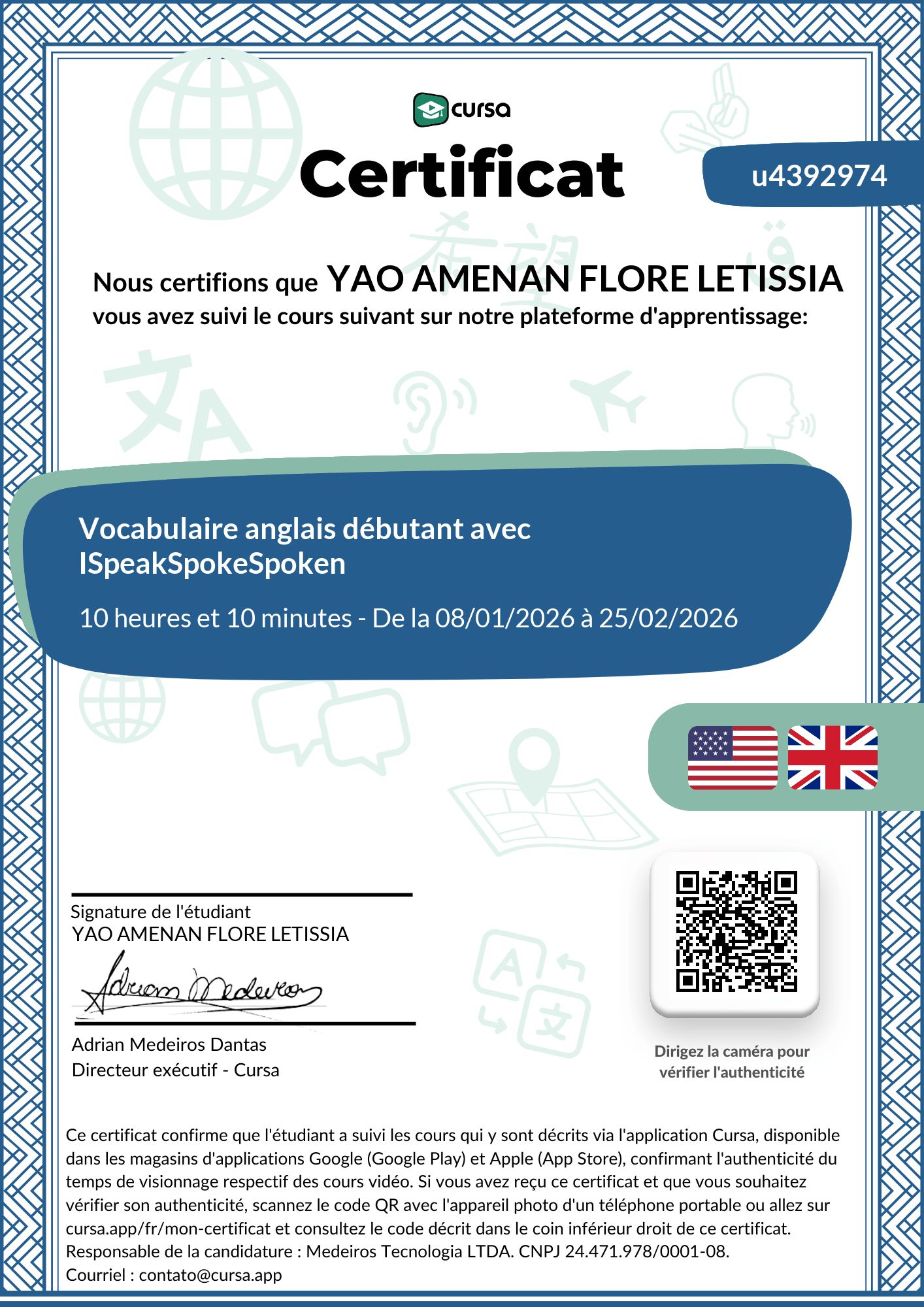 Image de mon certificat de fin de cours gratuit.