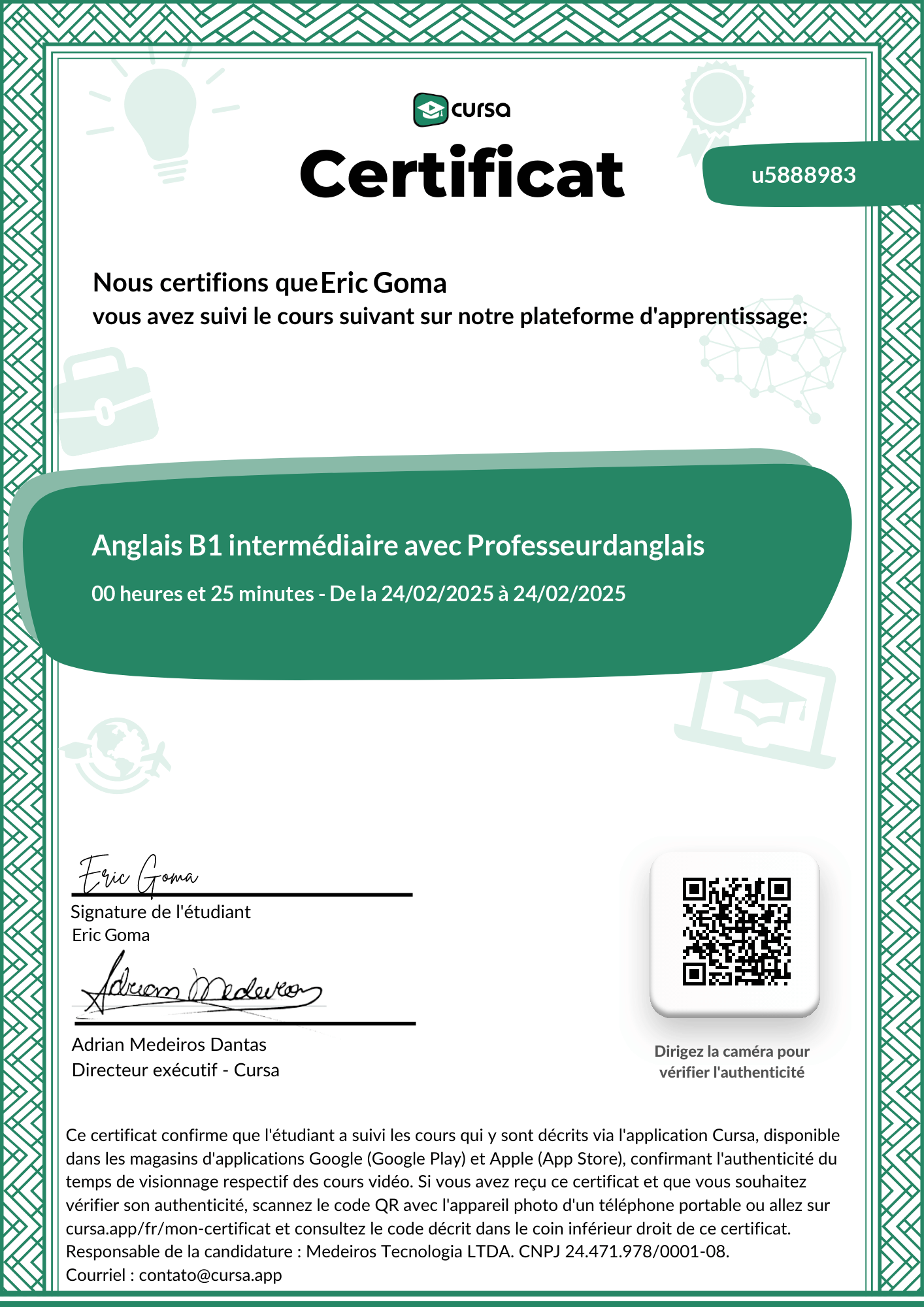 Image de mon certificat de fin de cours gratuit.