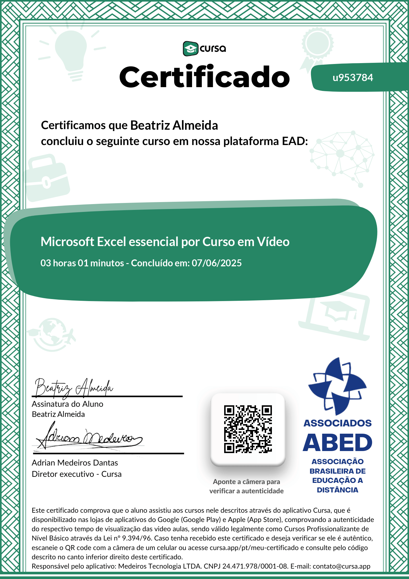 Imagem do meu Certificado gratuito de conclusão de curso.