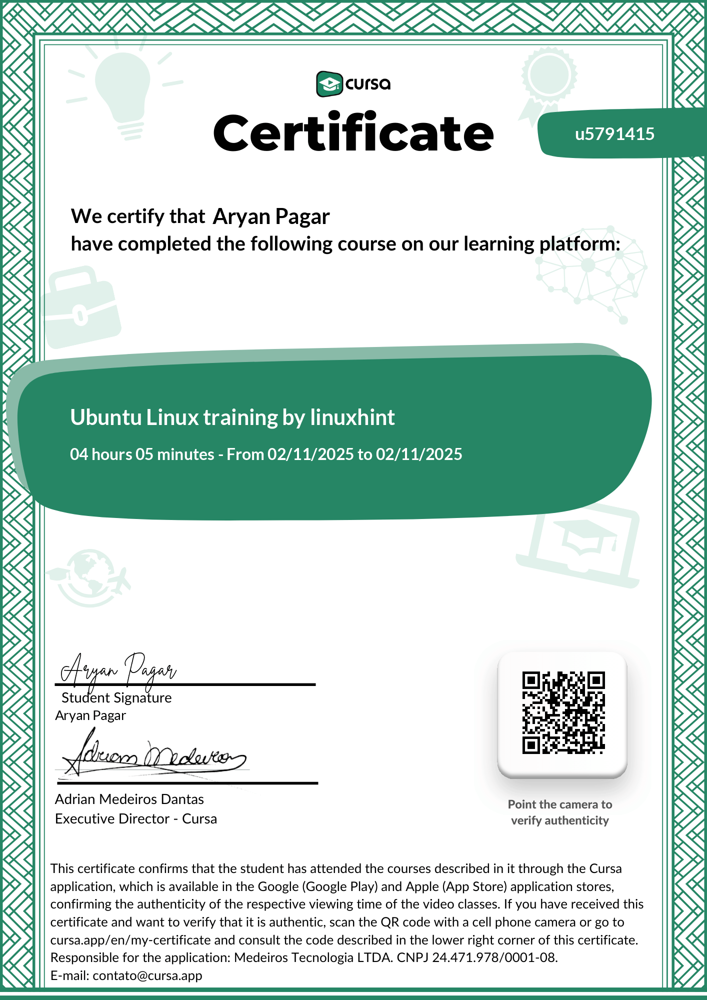 Image of my free Course Completion Certificate.