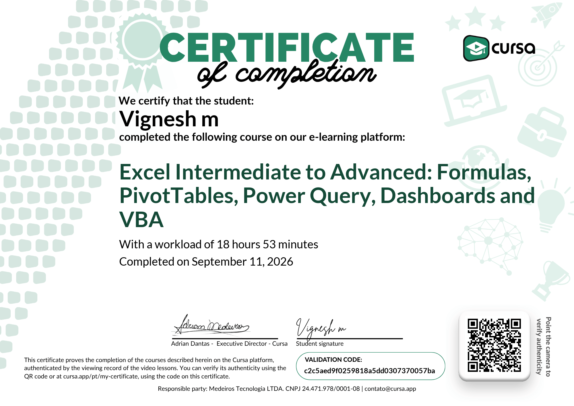 Image of my free Course Completion Certificate.