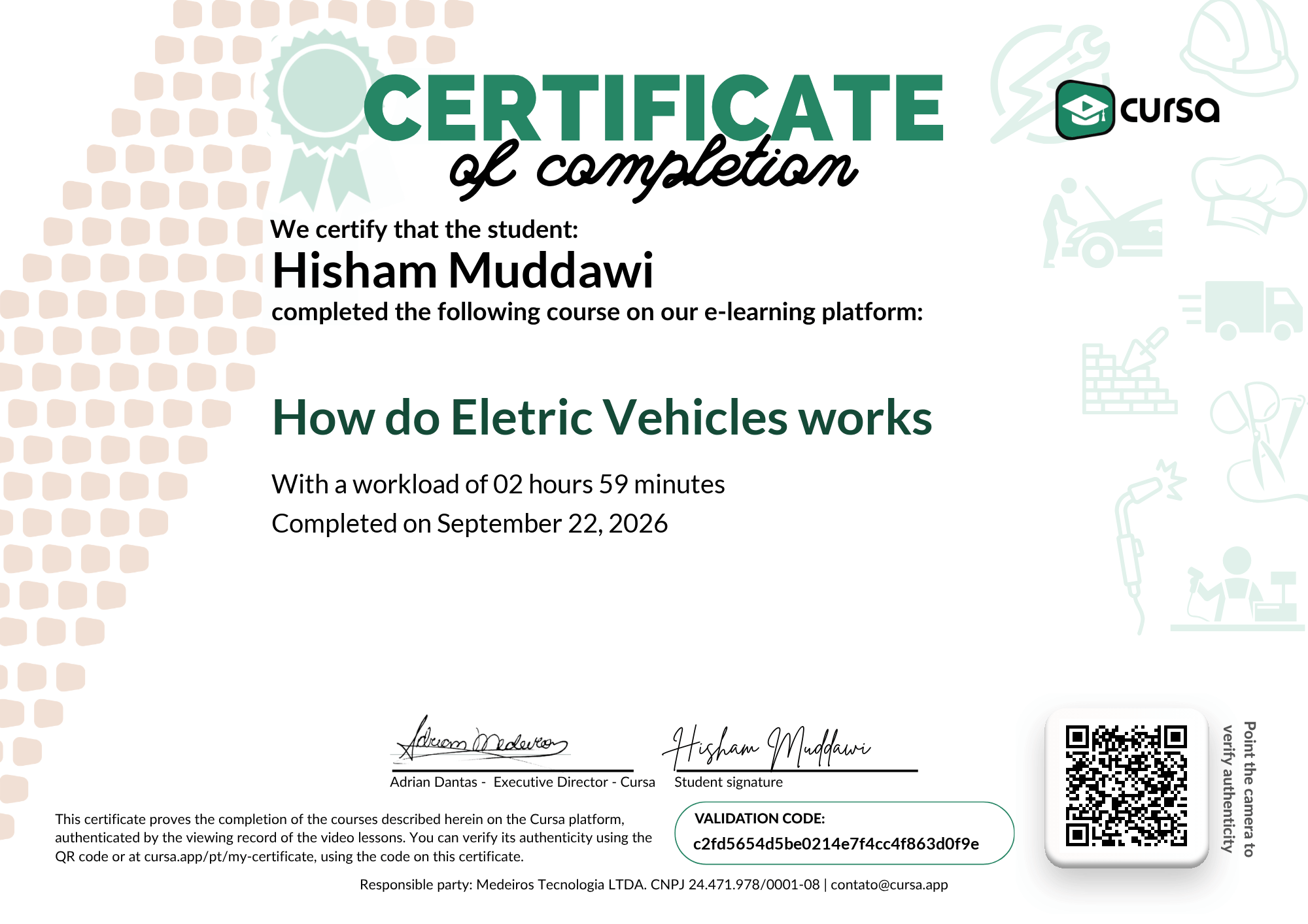 Image of my free Course Completion Certificate.
