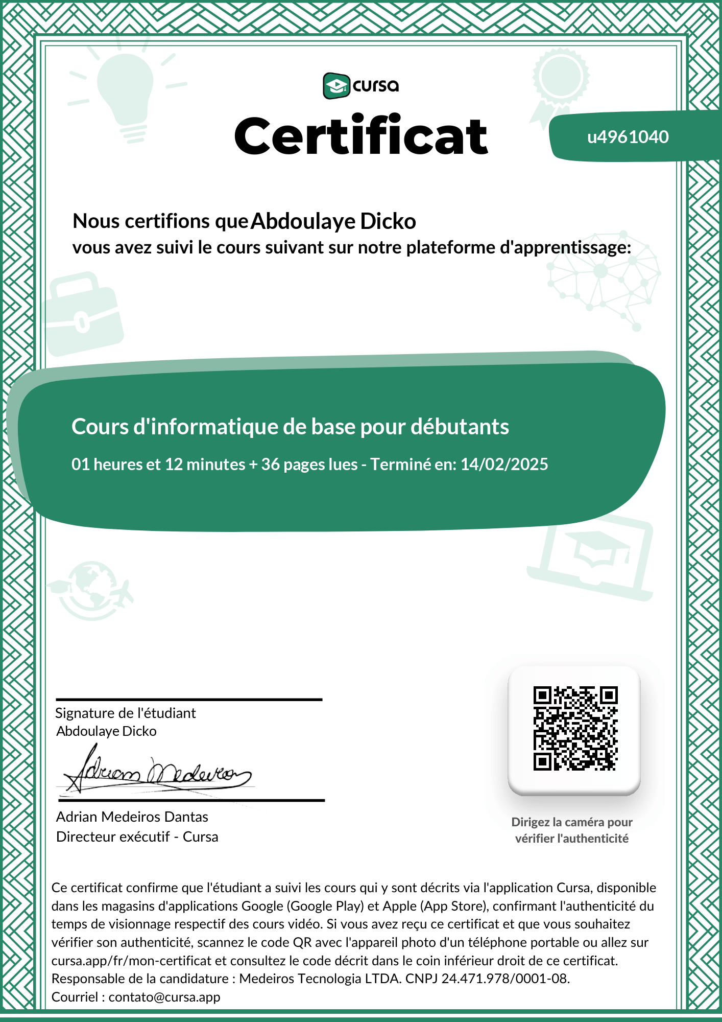 Image de mon certificat de fin de cours gratuit.