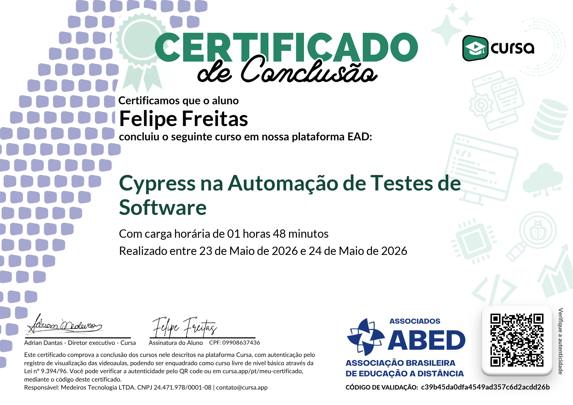 Imagem do meu Certificado gratuito de conclusão de curso.