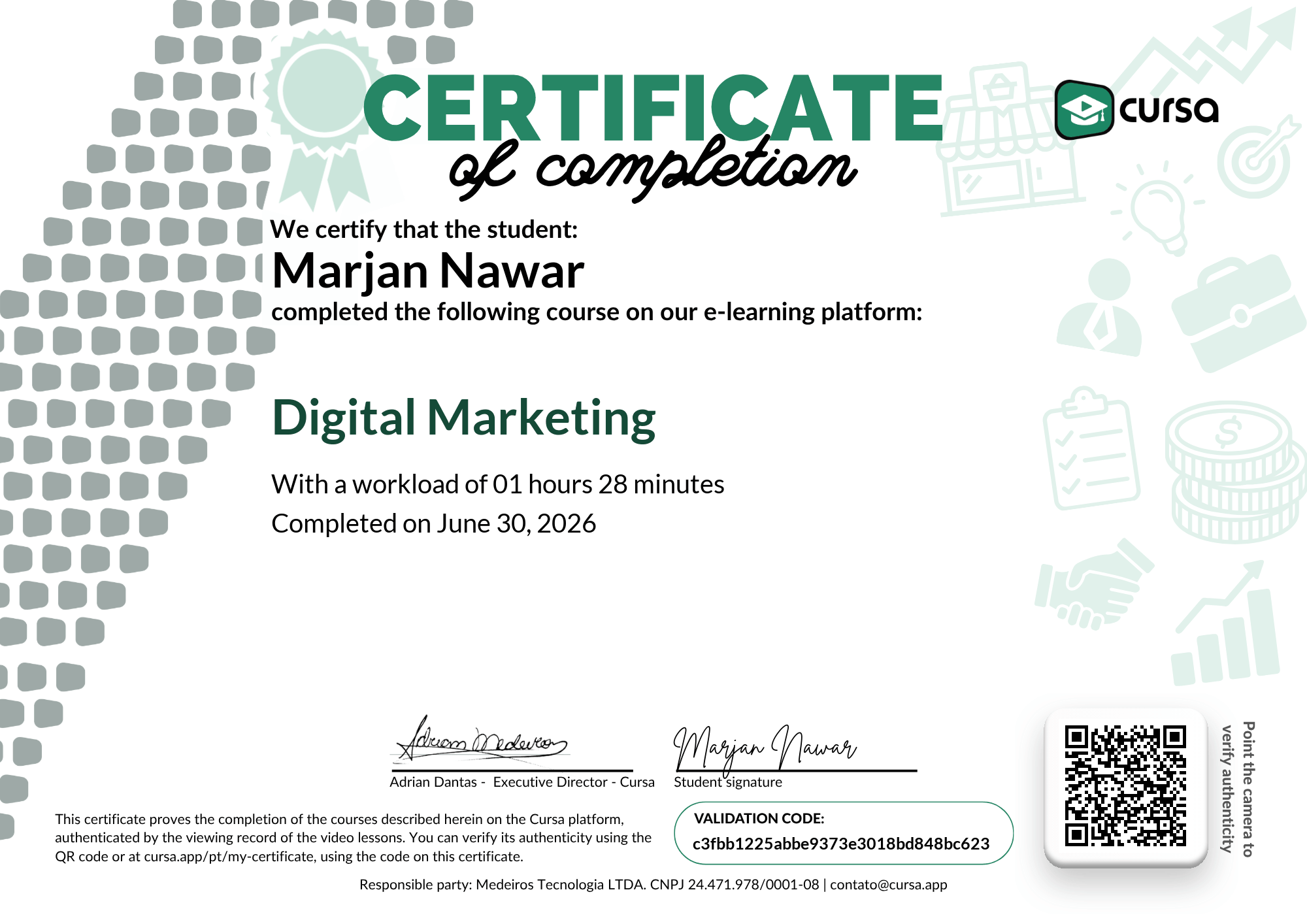 Image of my free Course Completion Certificate.