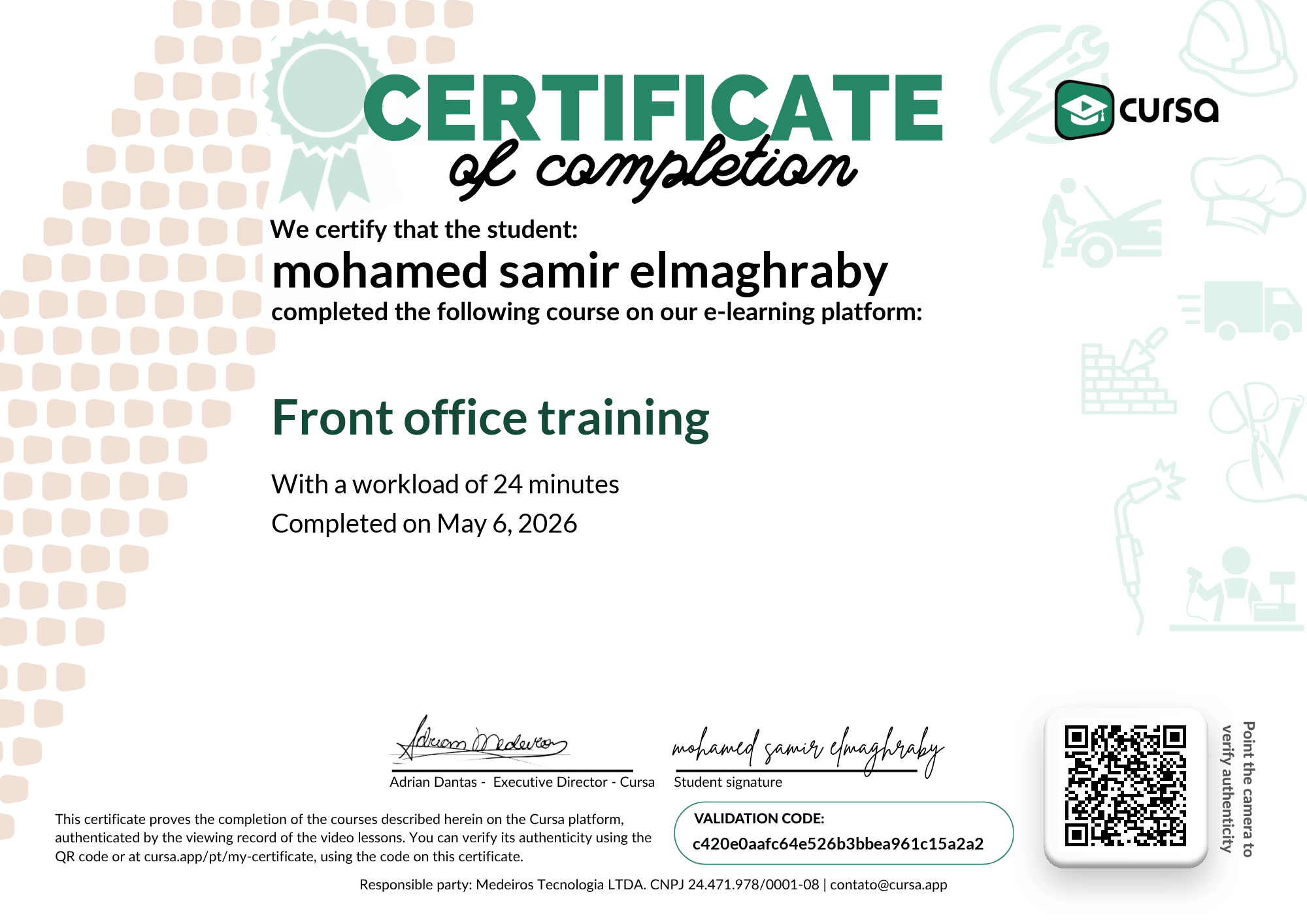 Image of my free Course Completion Certificate.