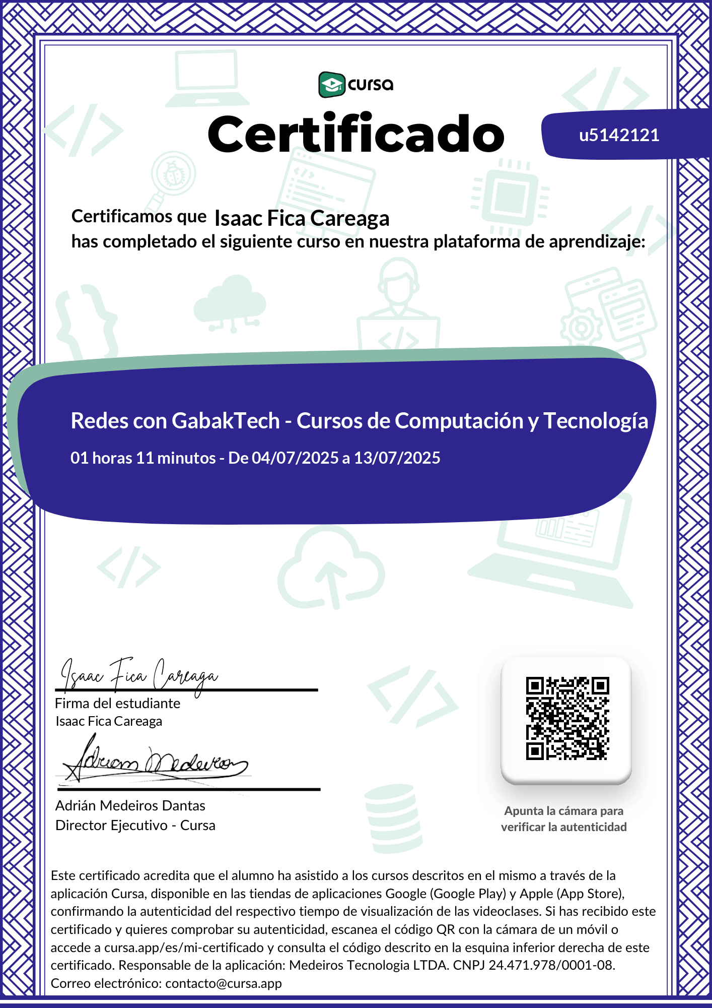 Imagen de mi Certificado de finalización del curso gratuito.