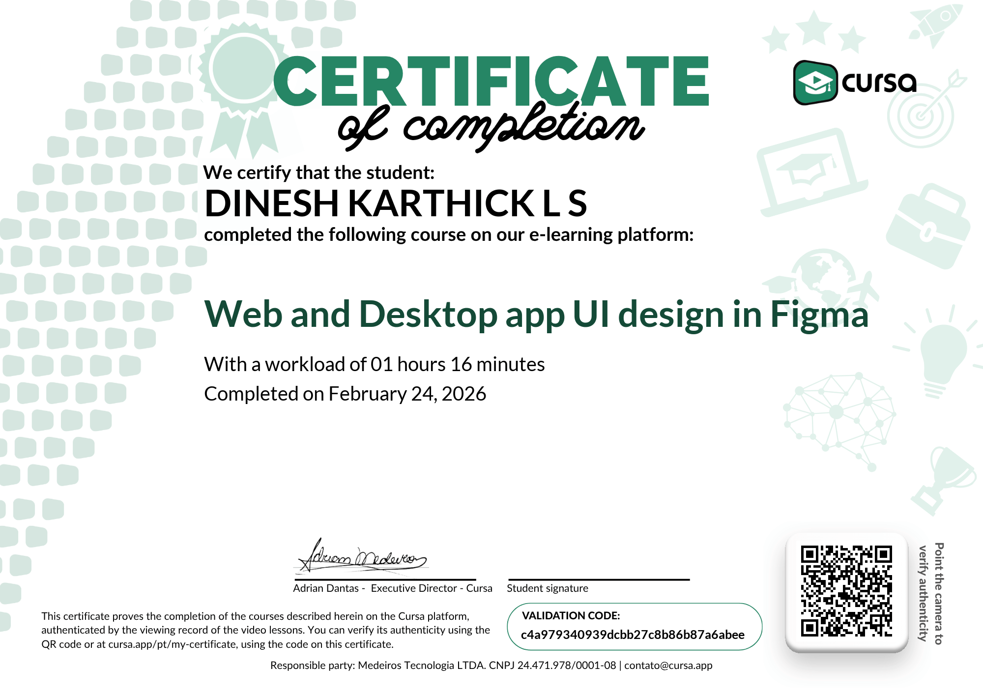Image of my free Course Completion Certificate.