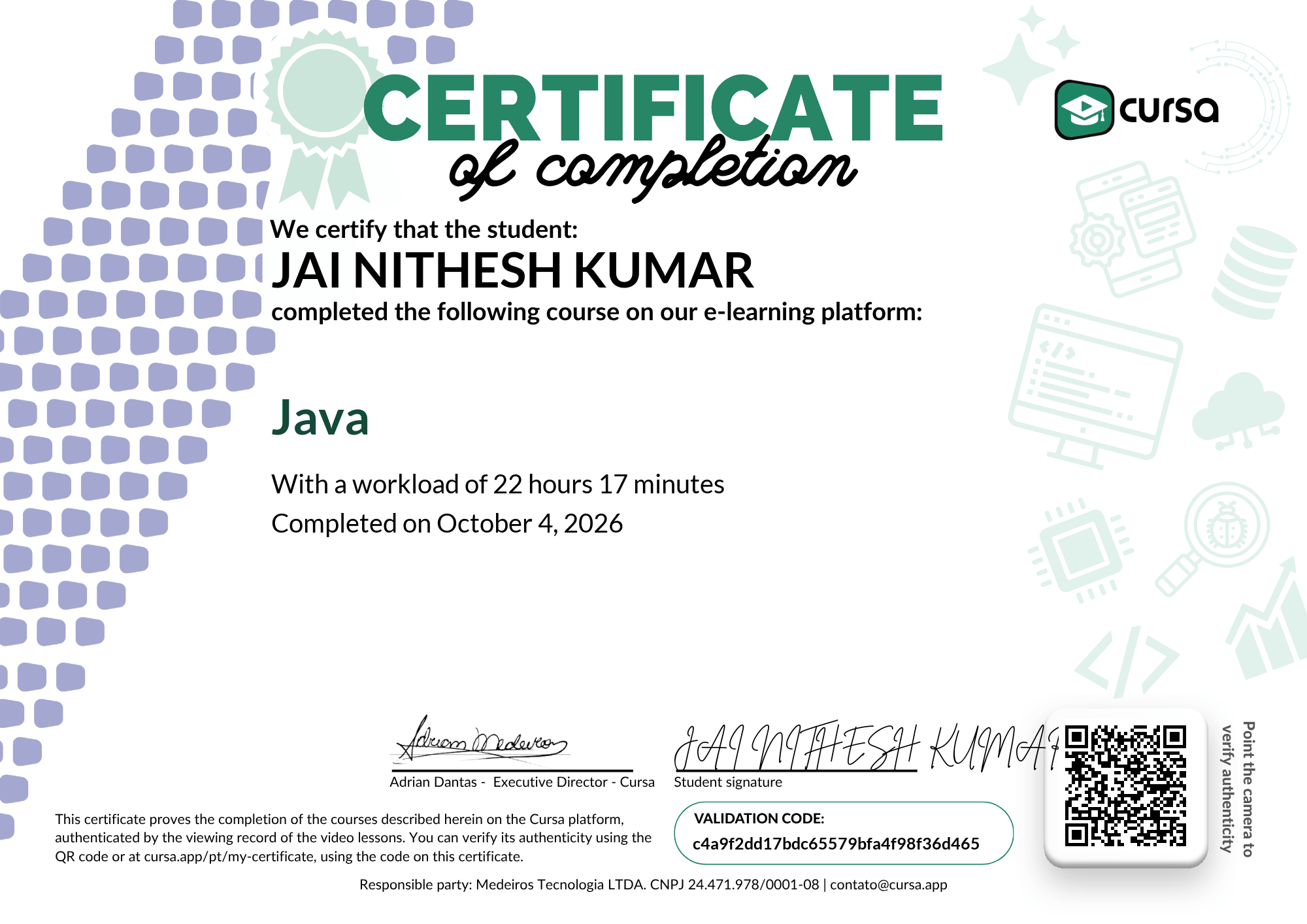 Image of my free Course Completion Certificate.