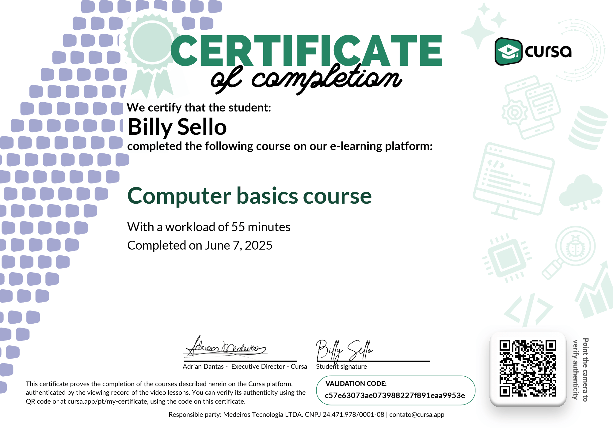Image of my free Course Completion Certificate.