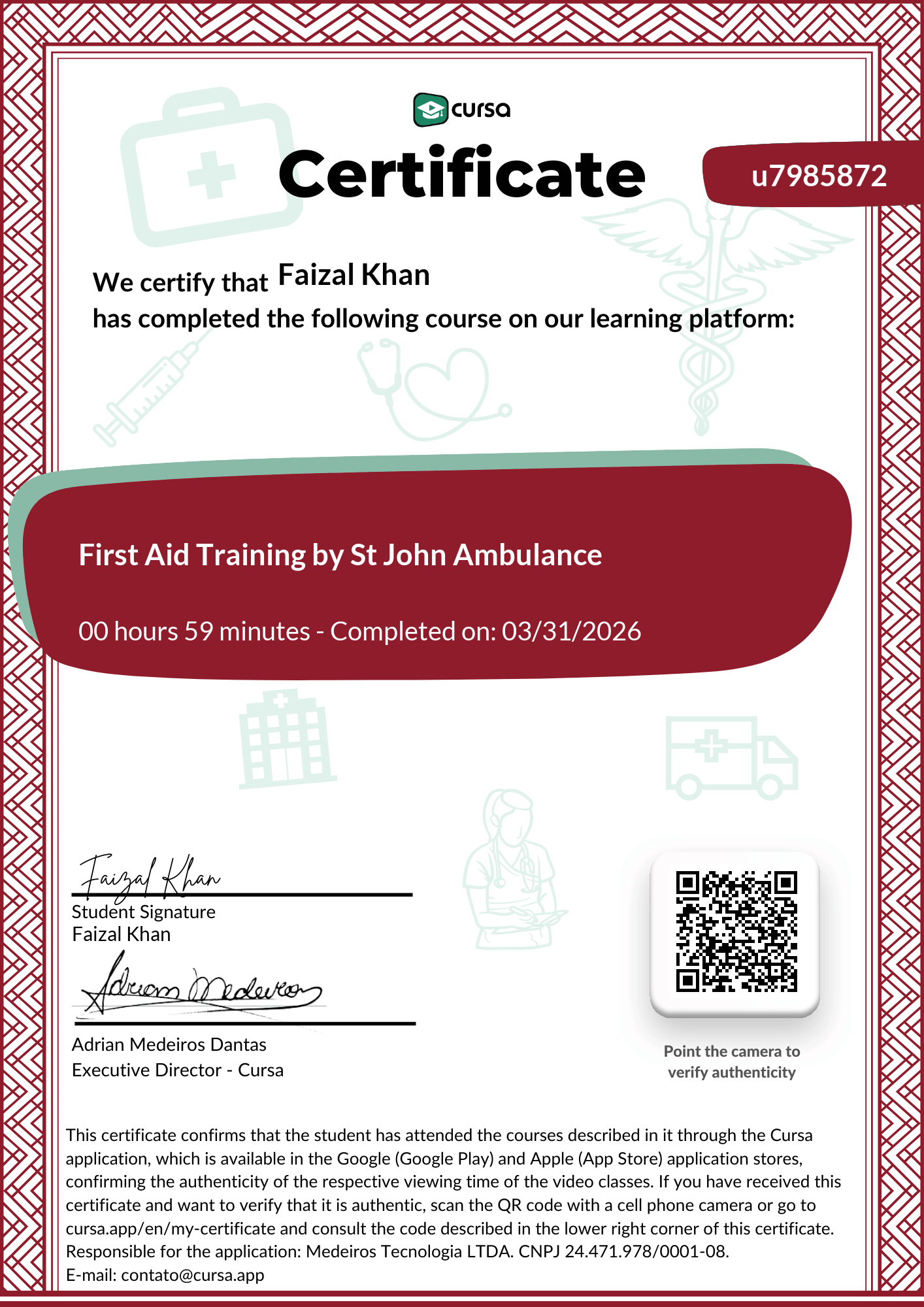 Image of my free Course Completion Certificate.