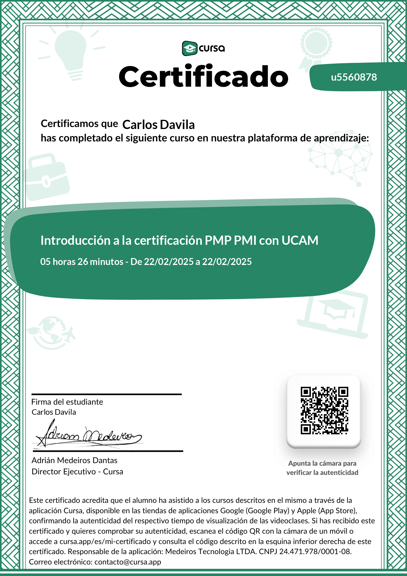 Imagen de mi Certificado de finalización del curso gratuito.