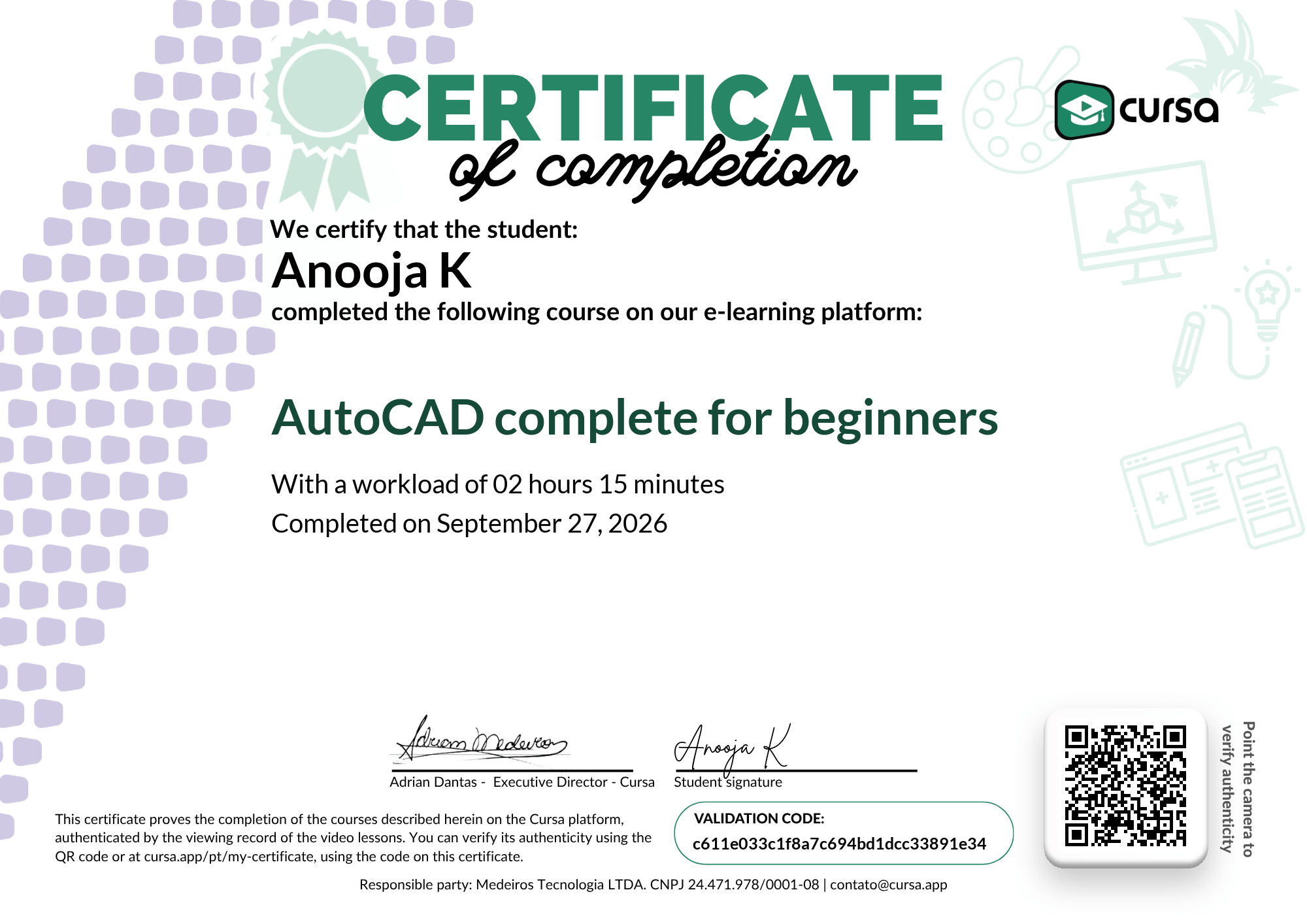 Image of my free Course Completion Certificate.