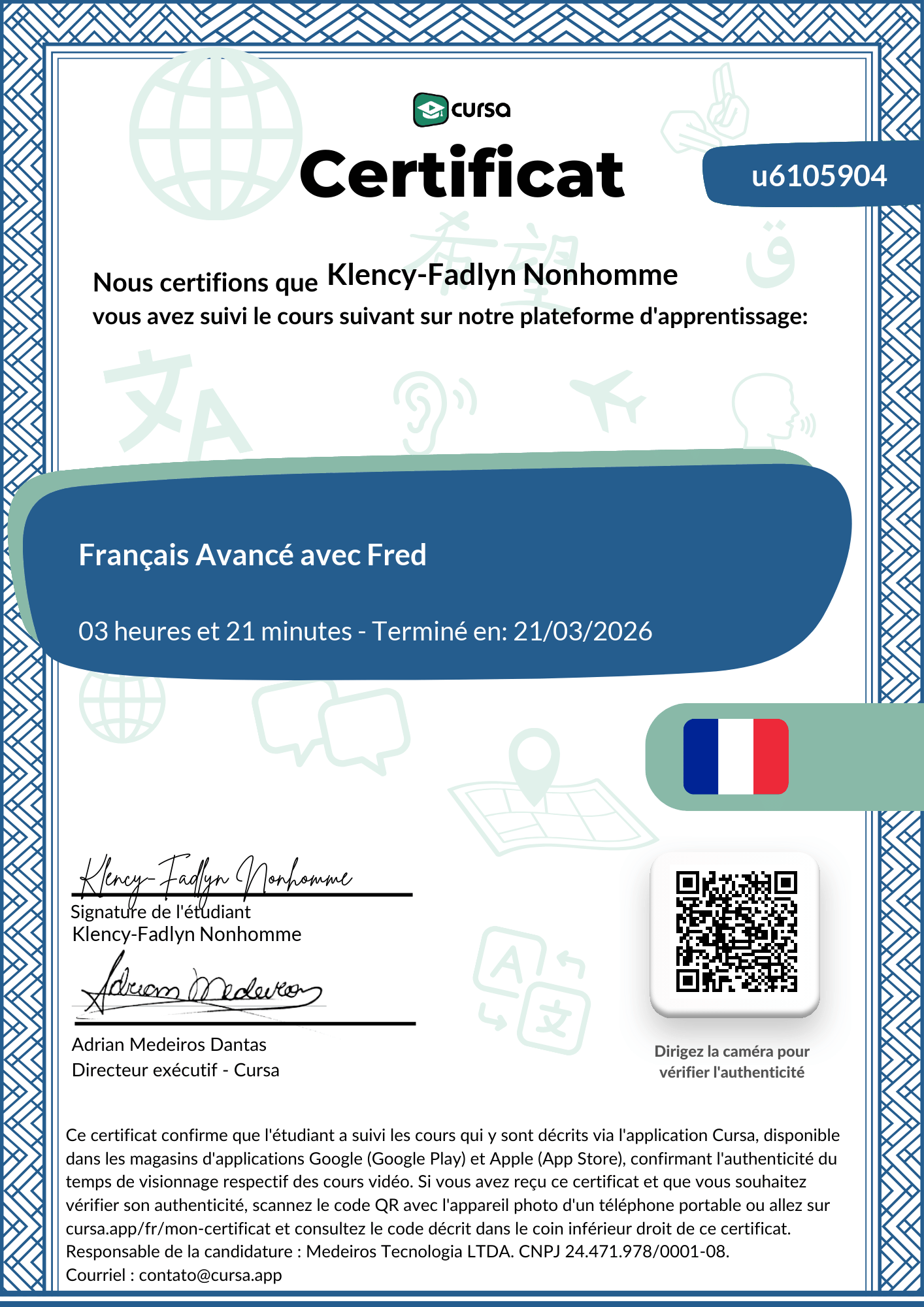Image de mon certificat de fin de cours gratuit.