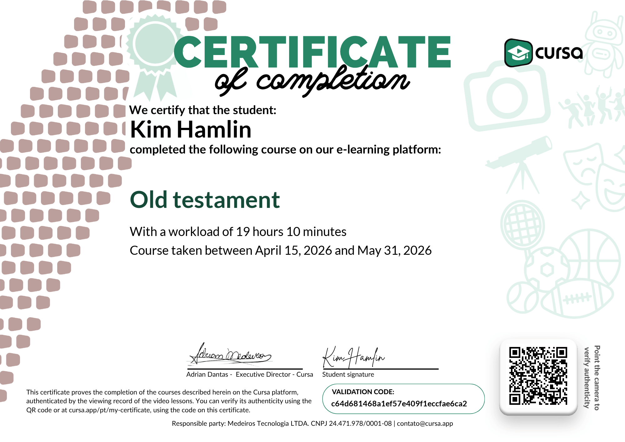Image of my free Course Completion Certificate.