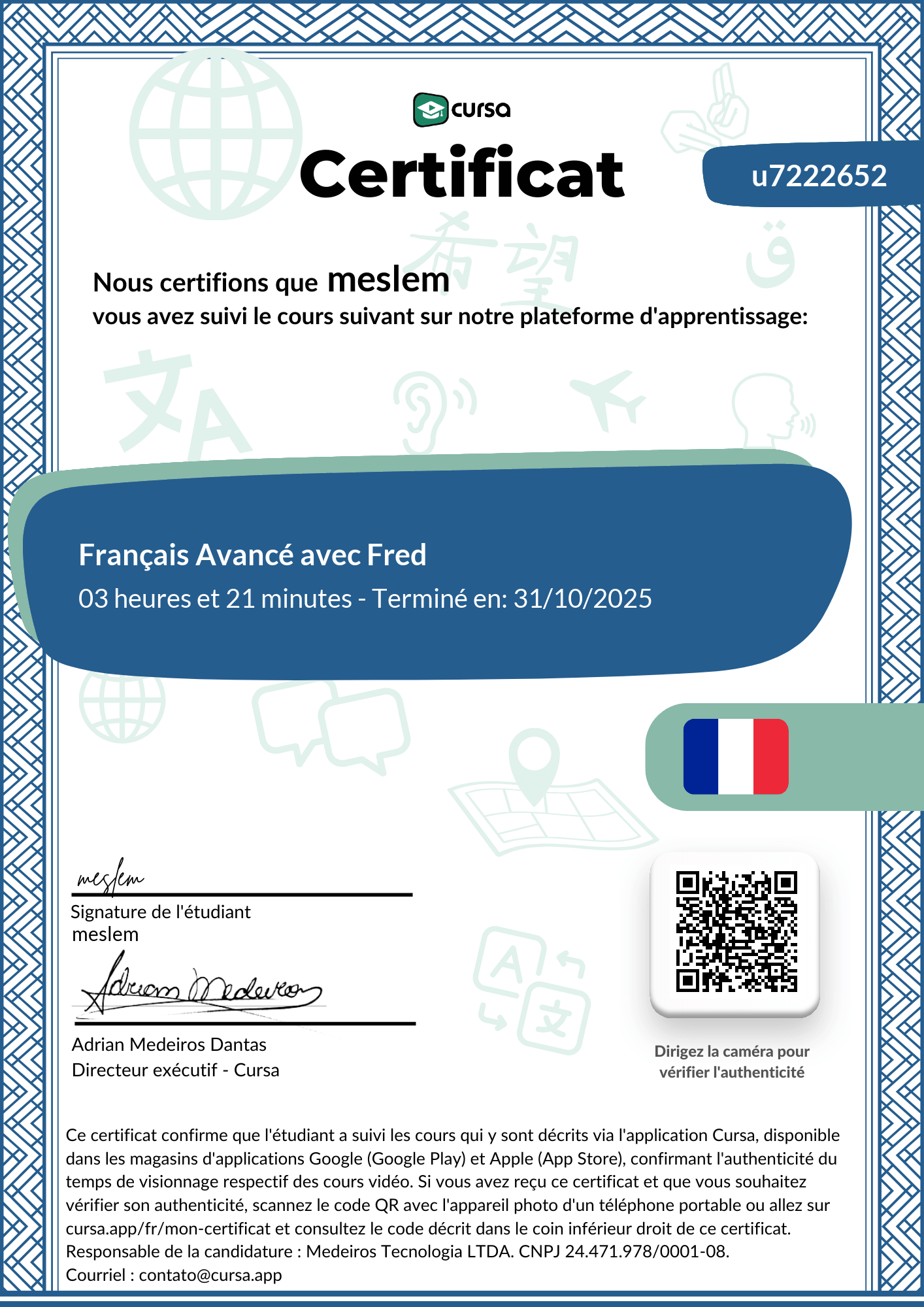 Image de mon certificat de fin de cours gratuit.