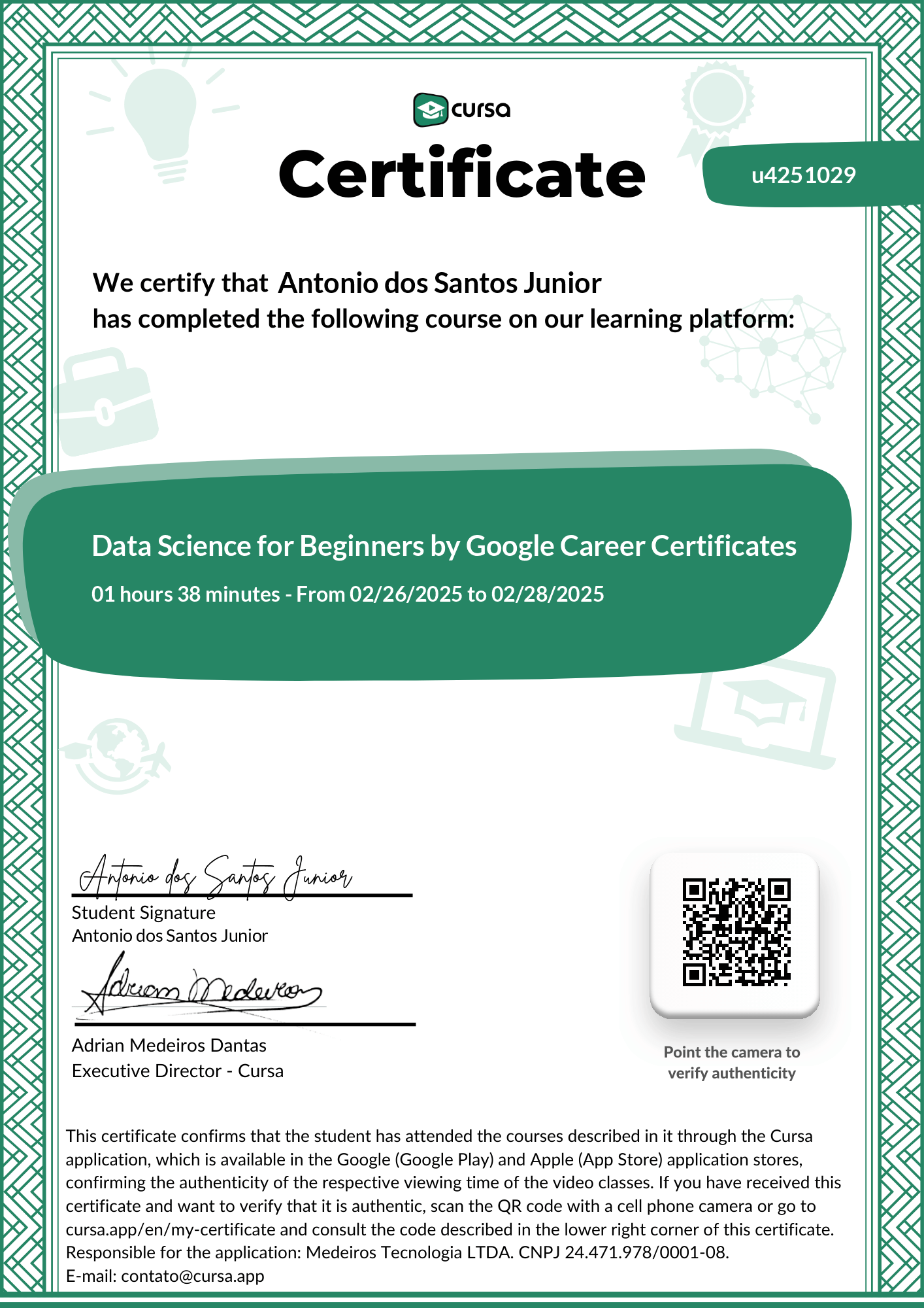 Image of my free Course Completion Certificate.