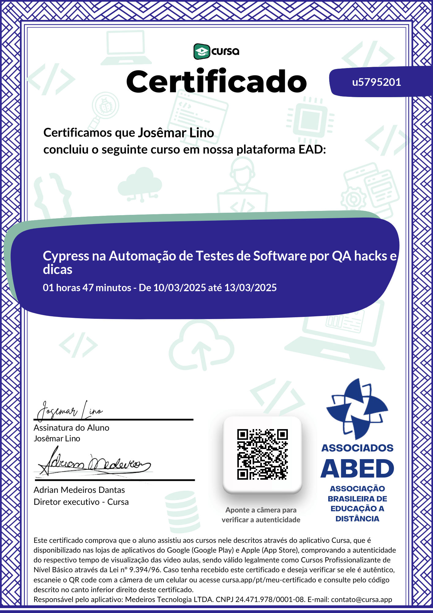 Imagem do meu Certificado gratuito de conclusão de curso.