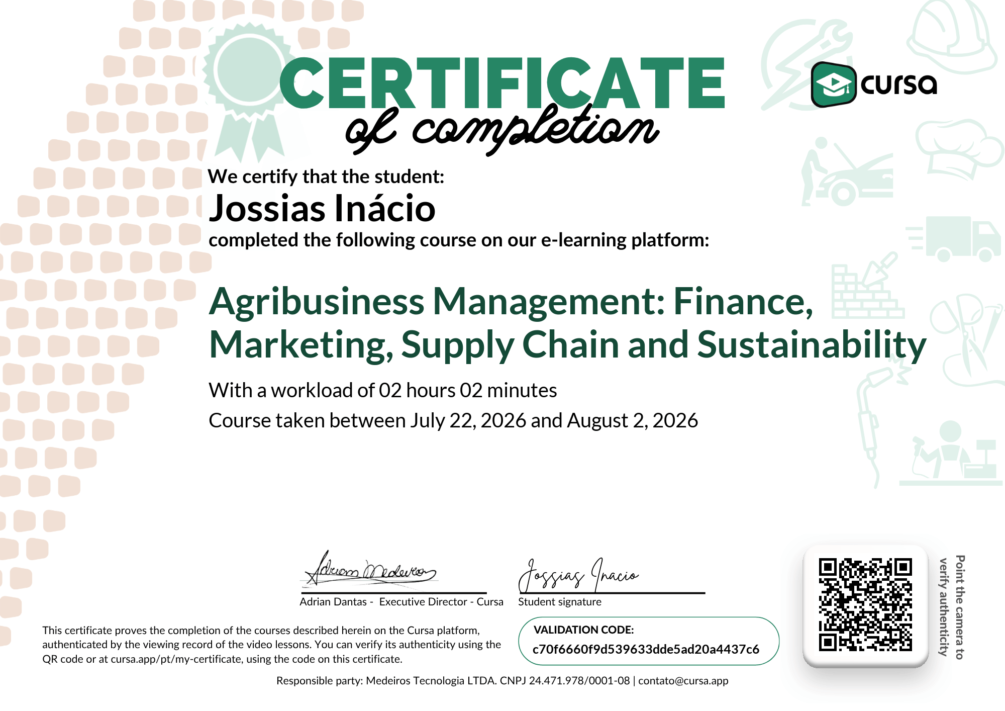 Image of my free Course Completion Certificate.