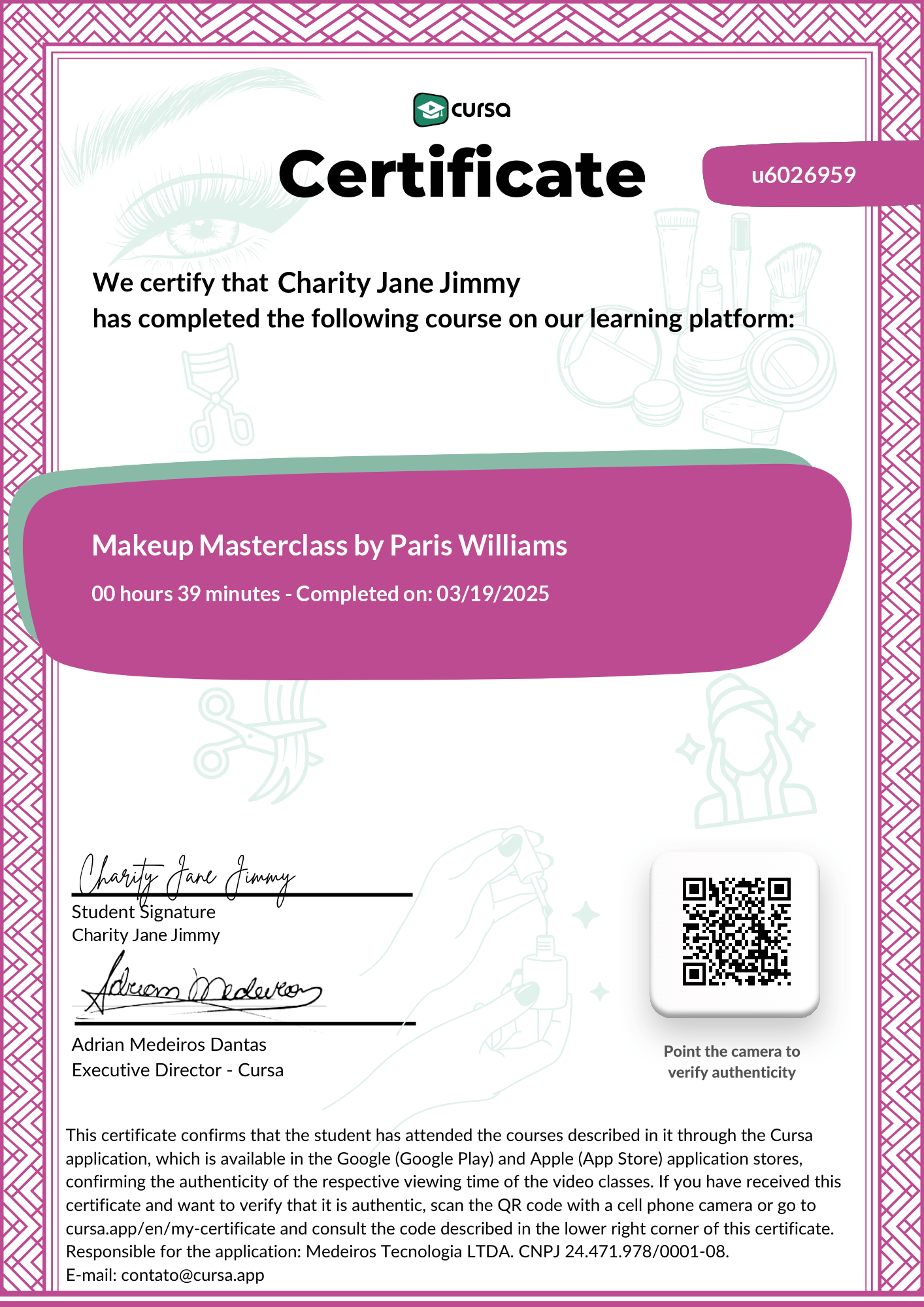 Image of my free Course Completion Certificate.