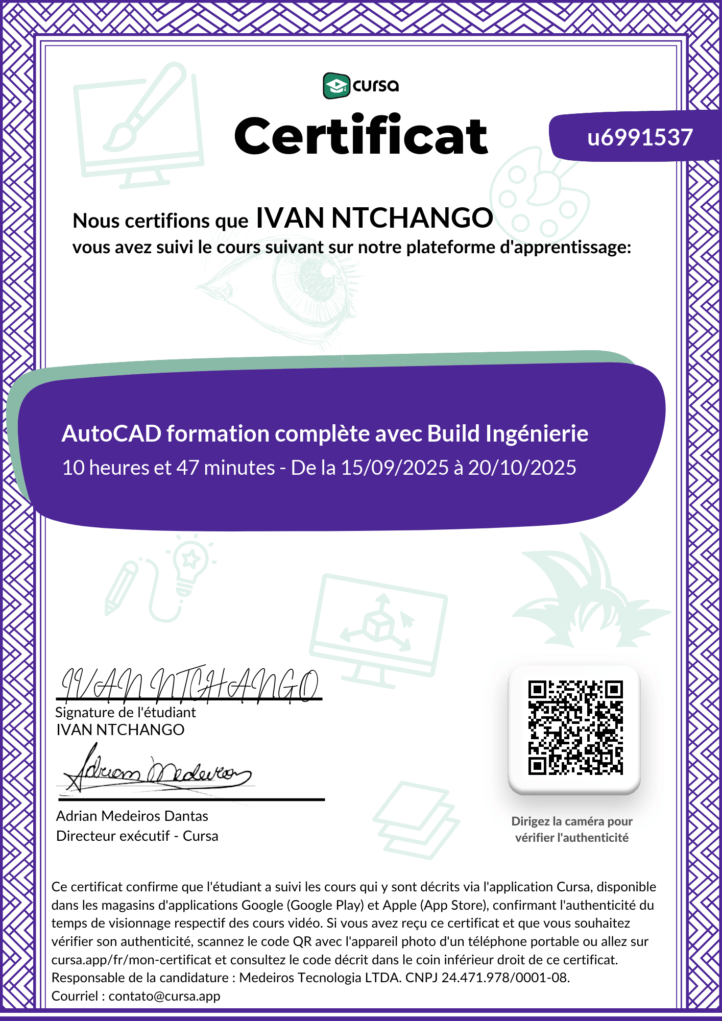 Image de mon certificat de fin de cours gratuit.